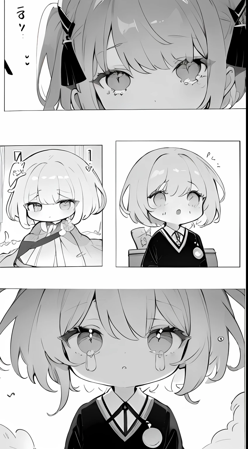 monochrome color, Red Art, grayscales、masterpiece、top-quality、Top image quality、straight haired、Hanging eyes、kawaii、crying how bright、校服、the wind、Chibi