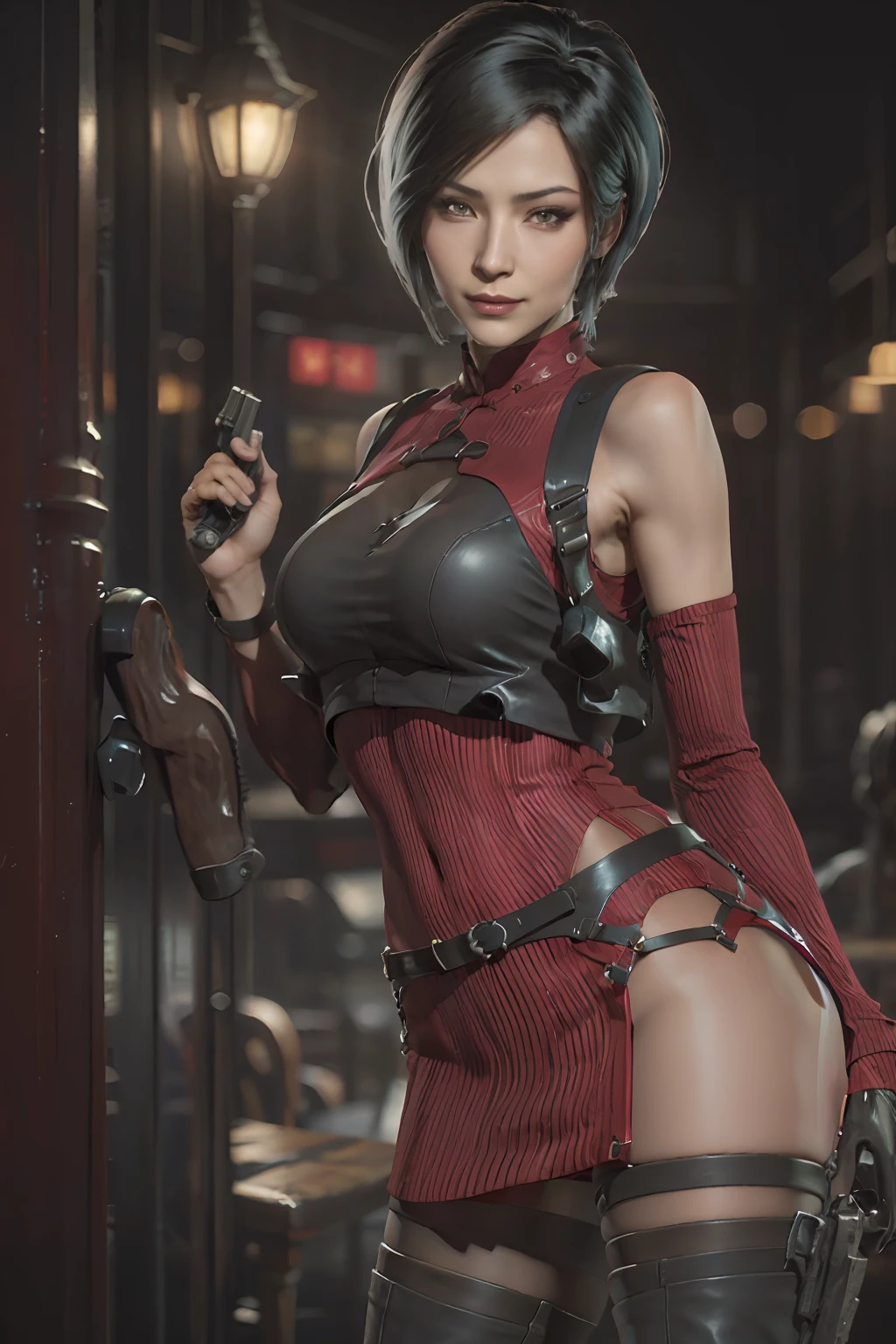 1 rapariga， 独奏， Ada Wong in the Resident Evil 4 remake， short detailed hair， brunette color hair， Red cheongsam， Short-sleeved shirt，， nedium breasts， upper legs， hindquarters， black heels， Adriana's face， audience looking， sly smile， The pistol was hung around her waist， Best quality at best， A high resolution：1.2， 18th century village in the background， shadowing， nightmare， rays of moonlight， Upper body shooting， Low camera angle、depth of fields、Center focus