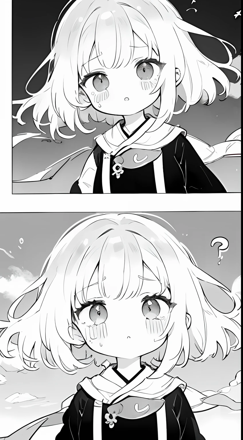 monochrome color, Red Art, grayscales、masterpiece、top-quality、Top image quality、straight haired、Hanging eyes、kawaii、crying how bright、校服、the wind、Chibi