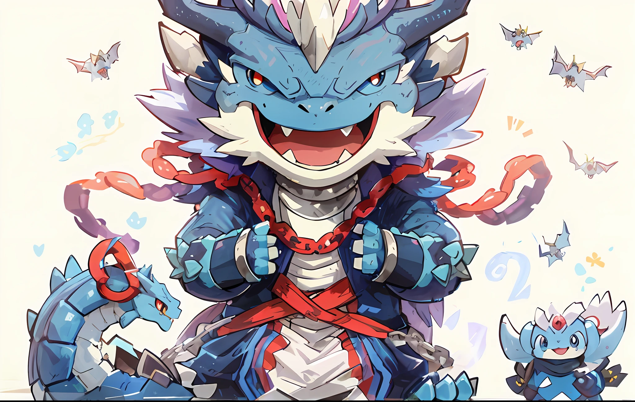 Pokemon sitting on the ground,A chain hangs around his neck, a cute little blue dragon, Blue dragon, blue scaly dragon, illustration pokemon, Cute detailed digital art, expressing joy. by Krenz Cushart, monster hunter monster, as a badass monster hunter, cute little dragon, water dragon, a baddass dragon, dra the dragon, offcial art