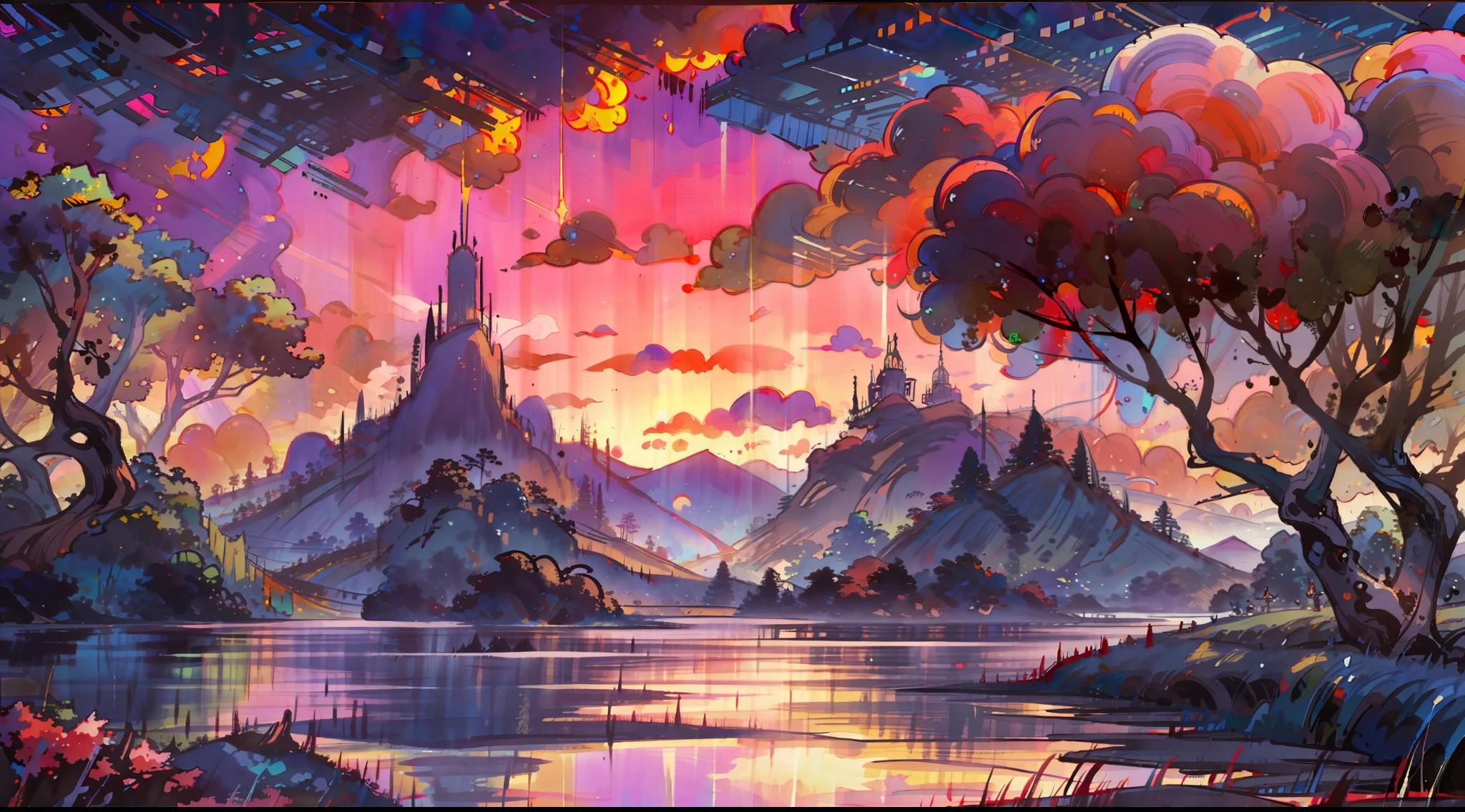 A surreal masterpiece,It presents a beautiful and spectacular view of dusk。Lakes and trees form the background,Accompanied by colorful sunsets and fantastic sky reflections。The beautiful sky blends in with the color of the lake,It's like a flame。This 8K picture creates a fantastic atmosphere,Colorful clouds are suspended in it,Create surreal visual experiences,Ultra-clear 8K,Hyper-detailing