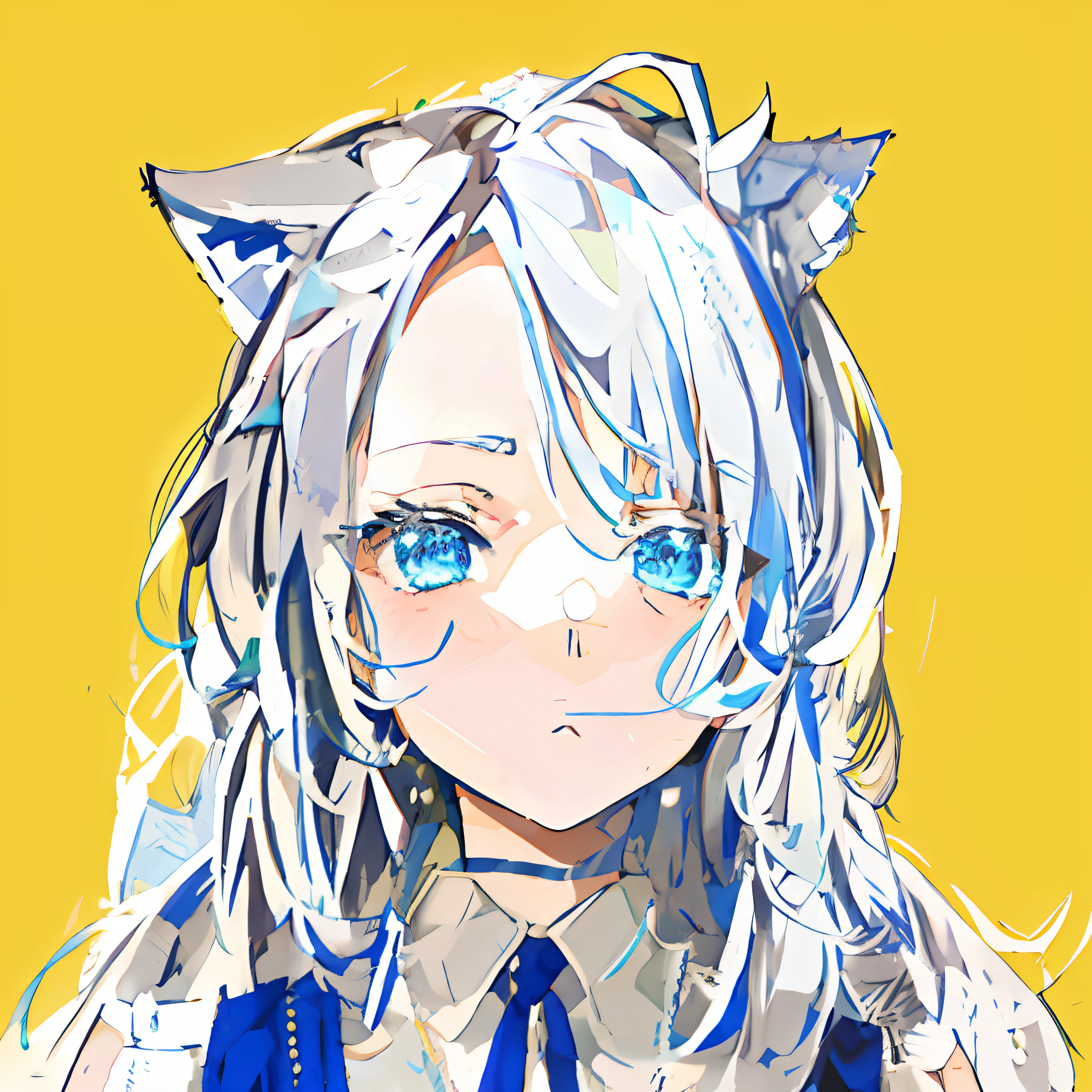 Anime girl with long light gray hair and blue eyes, Wolf ears, Vintage dress in blue, Green eyes, Lori, Suspicious face, !!Medium hair bangs!!