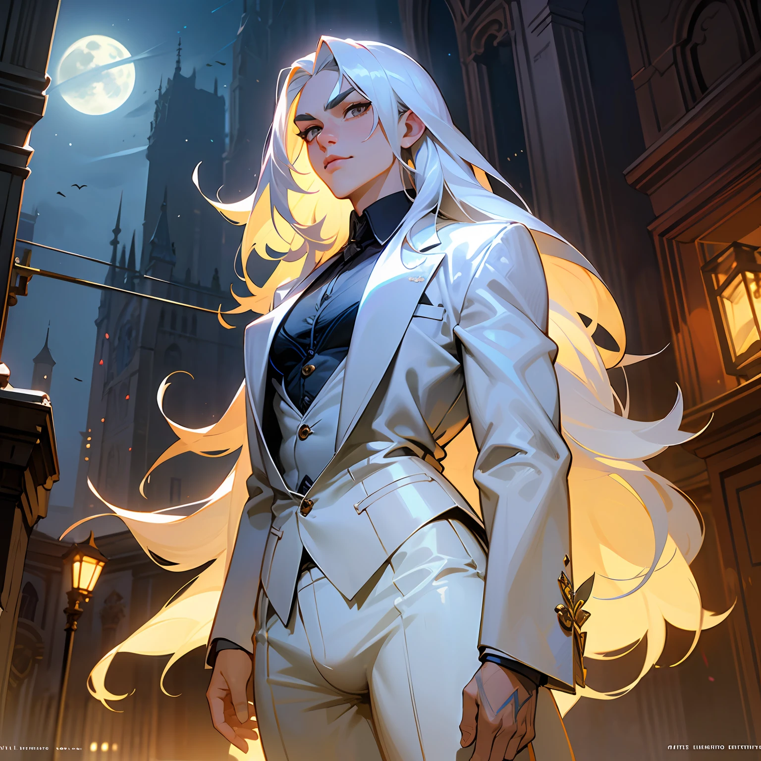Masterpiece, highest quality, (solo focus), (perfect face: 1.1), (high detail: 1.1), dramatic, 1guy, (pale skin), long white hair, white eyes, [light eyebrows], man, solo, long hair, moon, night, white luxury suit, closed navel, plump lips, (beauty signs), gothic city, detailed background, art by Artgerm and Greg Rutkowski, cinematic lighting, roses, beautiful. Young man, slim waist, palms hidden under long sleeves, long white hair