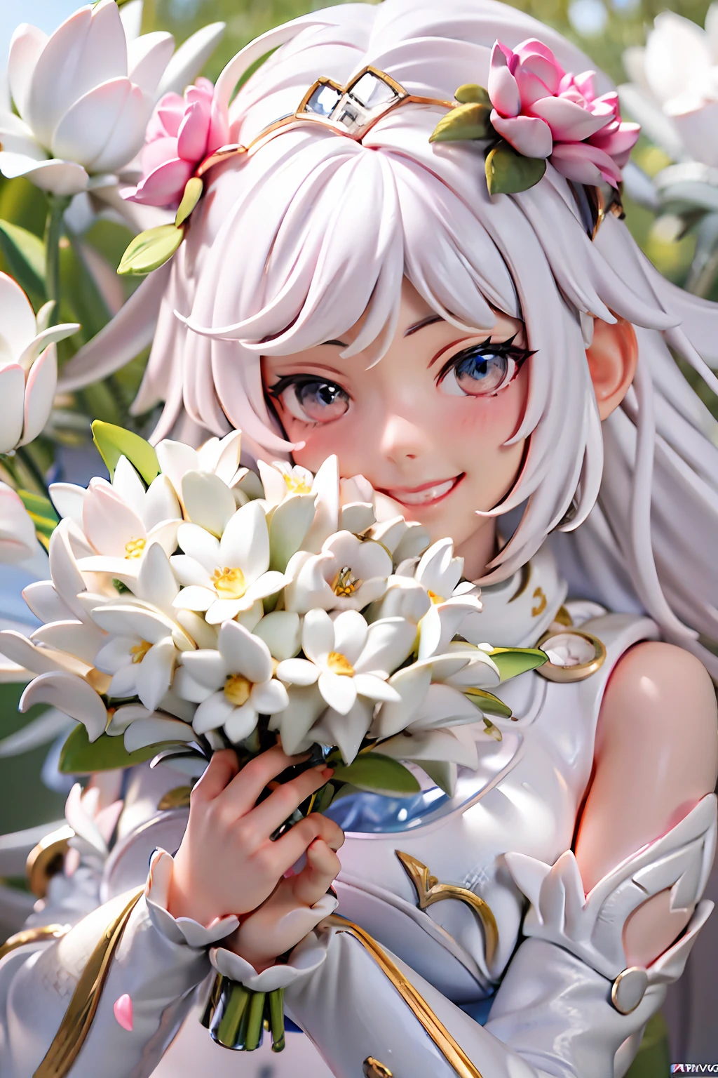 Anime - style image of woman in white dress with bouquet of flowers, Digital art inspired by Lee Chevalier, Pixiv Contest Winner, rokoko, queen of flowers, angelic purity, flower queen, anime goddess, smiling as a queen of fairies, guweiz on pixiv artstation, portrait of queen of light, cushart krenz key art feminine, Realism, Hyper-Realism, Modern, Fujicolor, Cinematic lighting, Fuji Film, nffsw, retinas, masutepiece, ccurate, Textured skin, Anatomically correct, Super Detail, high details, High quality, hight resolution, Best Quality, awardwinning, 1080p, hard disk, 4K, 8K