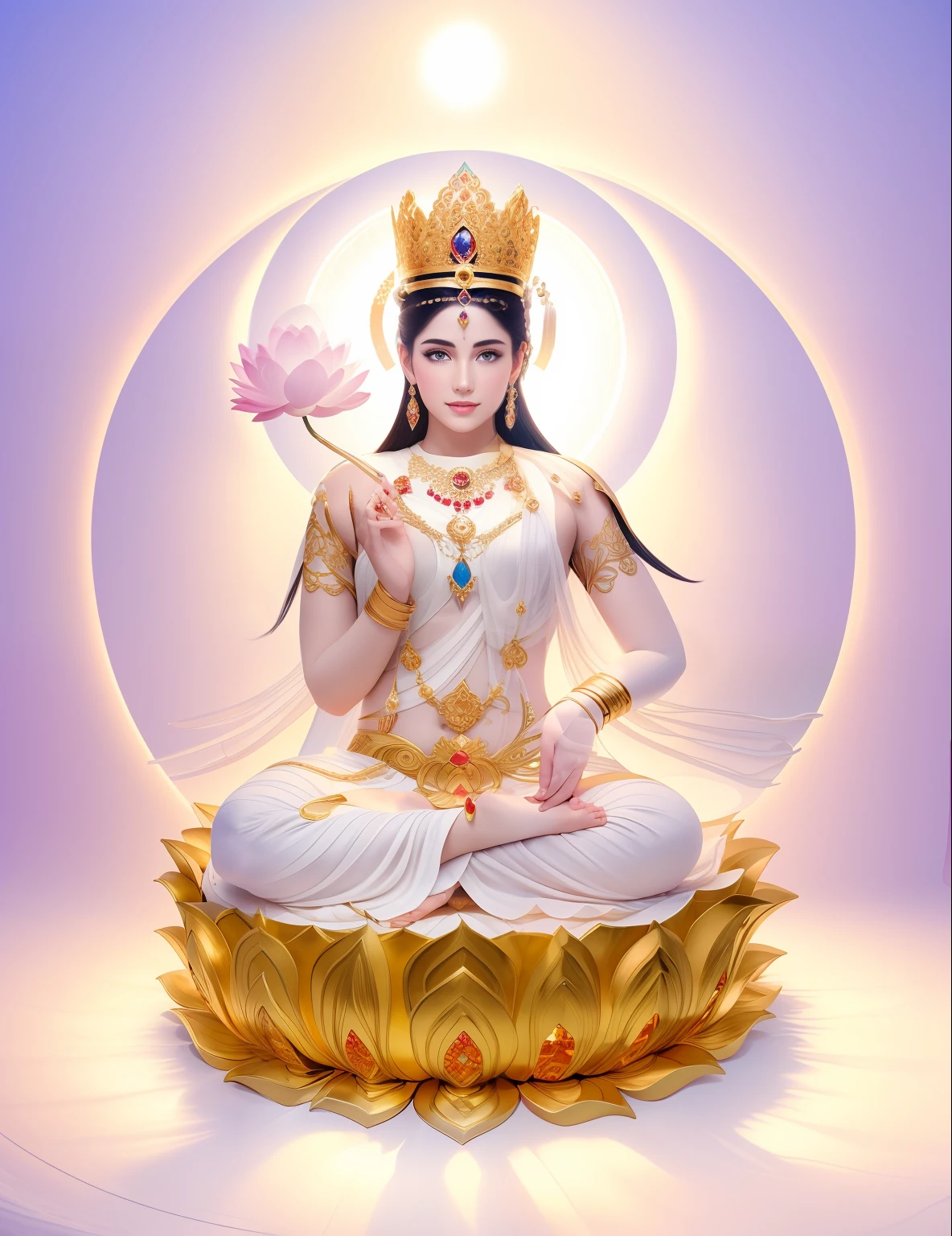 There is a beautiful goddess in the void，Goddess in white，Long curved eyebrows，Beautiful eyes sparkle，The large, Jewel-like eyes sparkle，Clear pupils have reflected light，二重まぶた，（（Plump and rosy lips））Nipples clearly visible，（（Flushed cheeks）），The mandible is plump，Fair skin is delicate and smooth，Delicate skin translucent，A delicate and dexterous crown，inlaid gemstones，Refined and ingenious，inlaid gemstones，Sit on a lotus in the air，Surrounded by white clouds，（（Pinch the stem of the lotus flower with one hand）），Place the other hand（（（Open palms））），（nice hand），（Good feet），（good legs），realisticlying，white skinned，（（Correct body structure）），White clothing，decorated in white，baiyun，Blue sky，Head background with round light，There is a five-color circle behind him，Color glow is turned on，Front lighting，Positive light，No shadows on the face，There are no shadows on the body，Blue sky，Unreal space，ethereal world，dreamworld，with blue sky and white clouds，tmasterpiece，4K，ultra-definition，professional photoshooting，