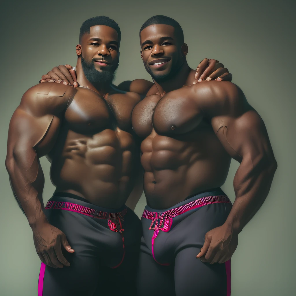 a huge muscular couple of black naked male bodybuilders with short beards, standing close together hugging, both facing the viewer, full body image, seen from a low angle