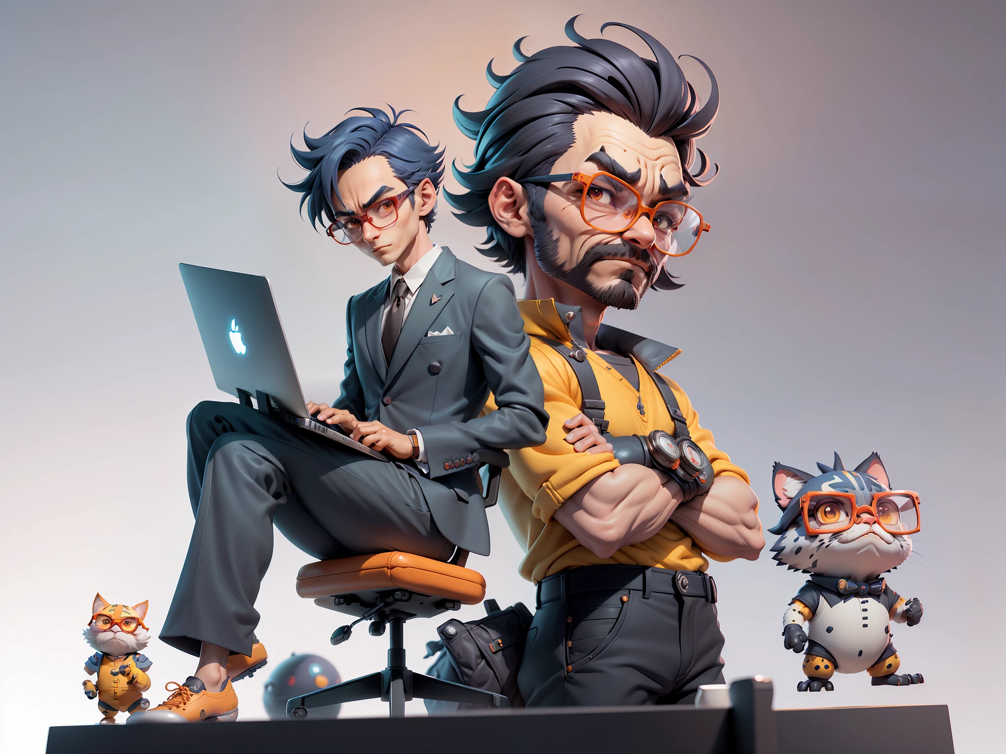 A young man in a suit and pants, Short hair and glasses sat at his desk,holding laptop,digitial painting,tigre,3D character design by Mark Clairen and Pixar and Hayao Miyazaki and Akira Toriyama,4K HD illustration,Very detailed facial features and cartoon-style visuals。