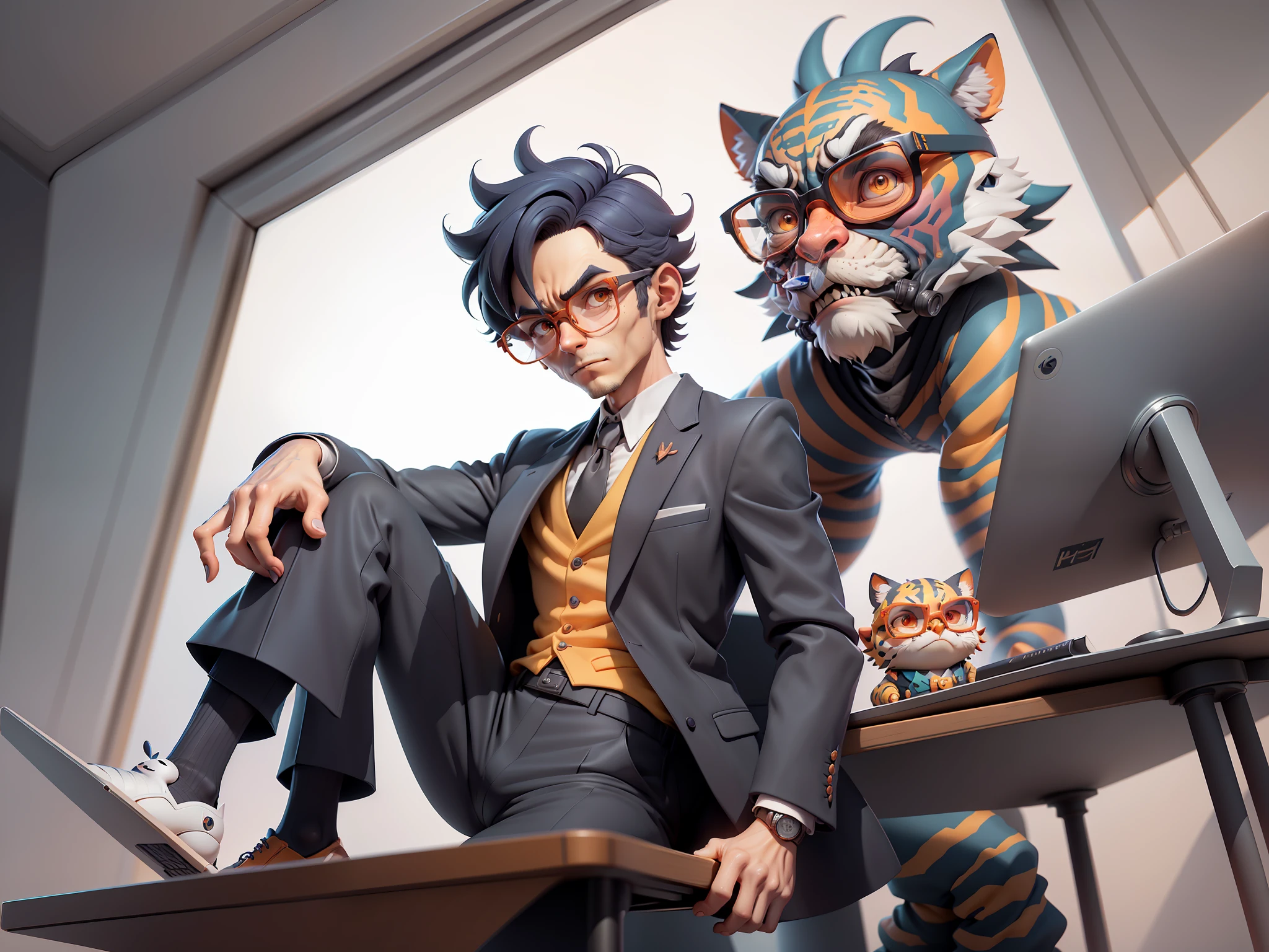 A young man in a suit and pants, Short hair and glasses sat at his desk,holding laptop,digitial painting,tigre,3D character design by Mark Clairen and Pixar and Hayao Miyazaki and Akira Toriyama,4K HD illustration,Very detailed facial features and cartoon-style visuals。
