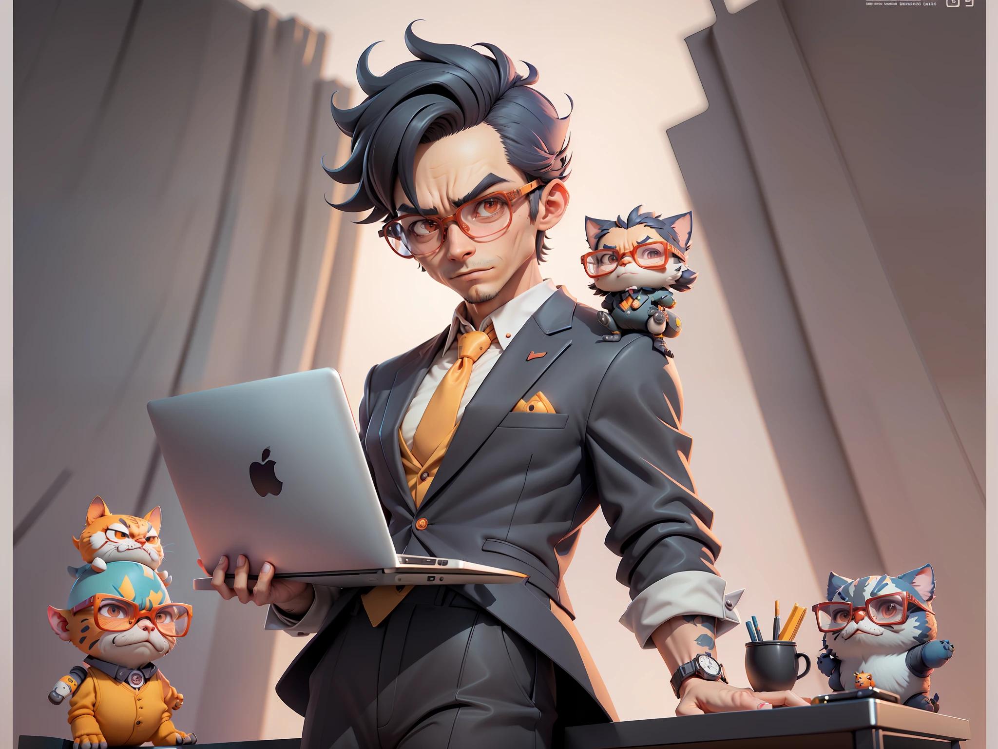 A young man in a suit and pants, Short hair and glasses sat at his desk,holding laptop,digitial painting,tigre,3D character design by Mark Clairen and Pixar and Hayao Miyazaki and Akira Toriyama,4K HD illustration,Very detailed facial features and cartoon-style visuals。