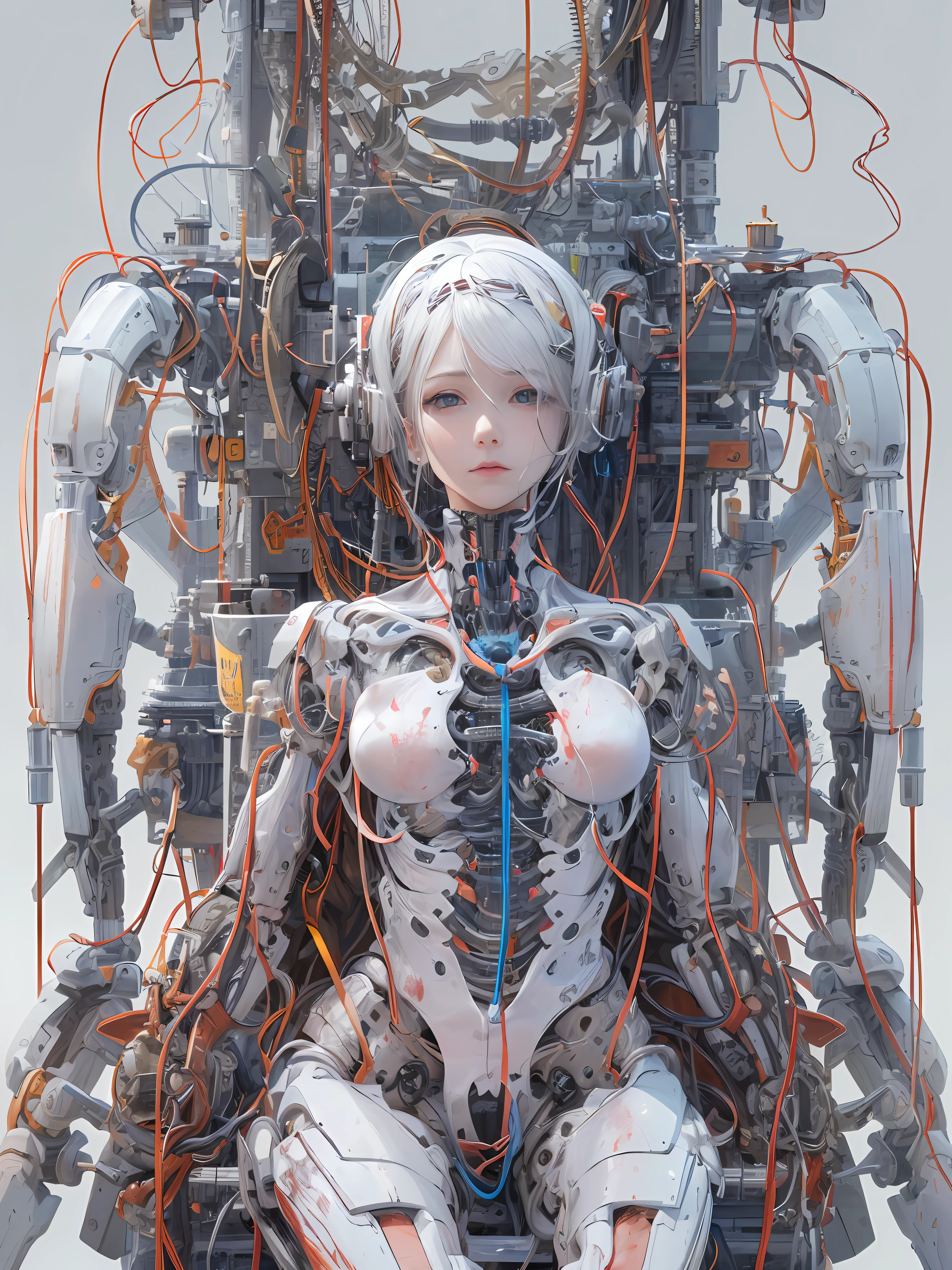 (Masterpiece, Top Quality, Best Quality, Official Art, Beautiful Indulgence: 1.2), (1 Girl: 1.3), Very Detailed, Colorful, Supreme Detail ((Ultra Detailed)), (Highly Detailed CG Illustration), ((From (Very Delicate and Beautiful)), (From Before), Cinematic Light, (1 Mechanical Girl)), Solo, Full Body, (Mechanical Joints: 1.2), ((Mechanical limbs)), (Blood vessels connected to tubes), ( Mechanical vertebrae attached to the back), ((Mechanical cervical vertebrae attached to the neck)), (sitting), expressionless, (wires and cables attached to the neck: 1.2), (Wires and cables attached to the neck: 1.2), (Character focus), science fiction, white background, (Blood: 1.5)