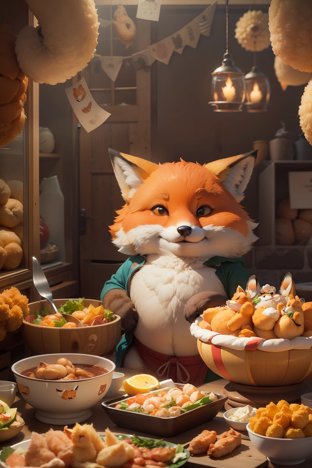 Fat and happy fox with big round cheeks, with fried chicken in its paws and shrimp on its head, is looking at the camera