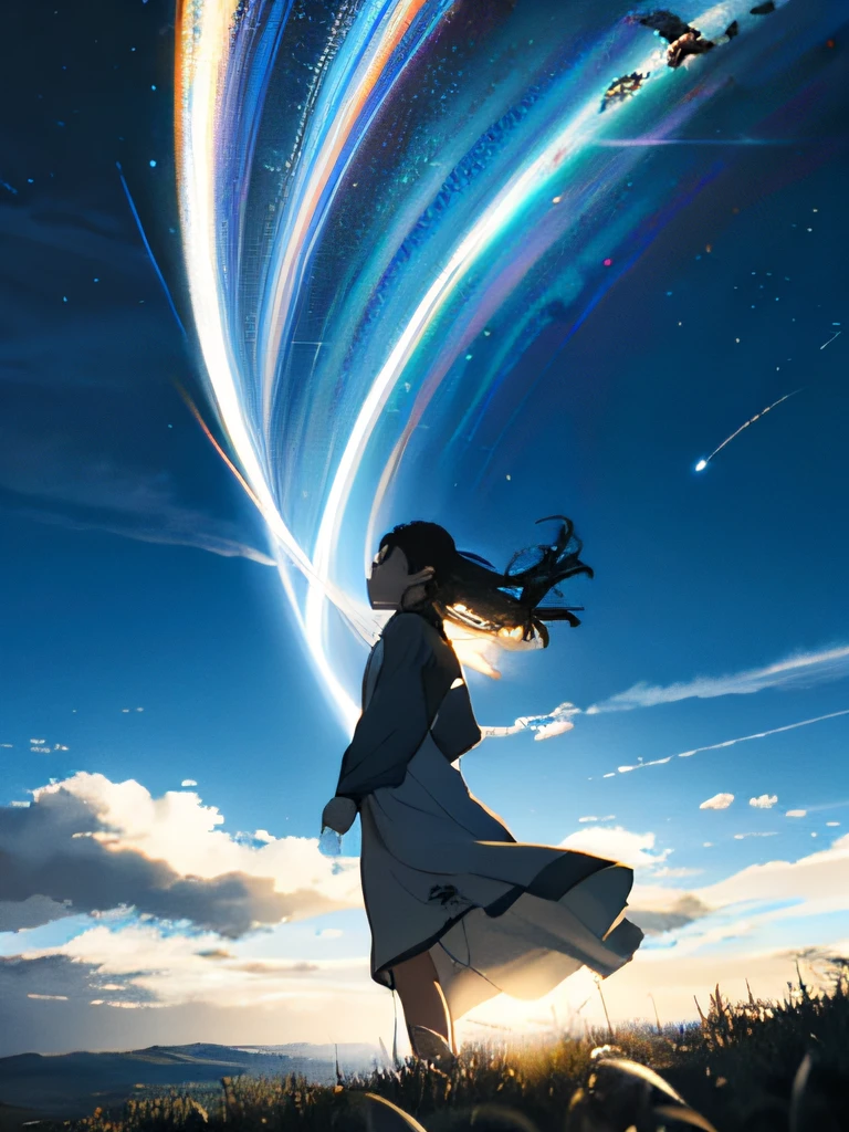 Vast sky, beautiful skyline, large grasslands, intense and dramatic pictures, moving visuals, hanging north stars, colorful natural light. Long sleeve white dress girl