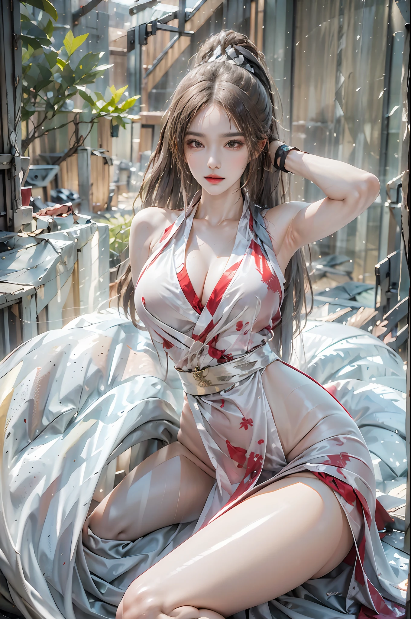 photorealistic, high resolution, 1women, solo, hips up, look at viewer, (detailed face), white hair, long hair, shiranui_mai_suit, pelvic curtain,hand fan, huowu