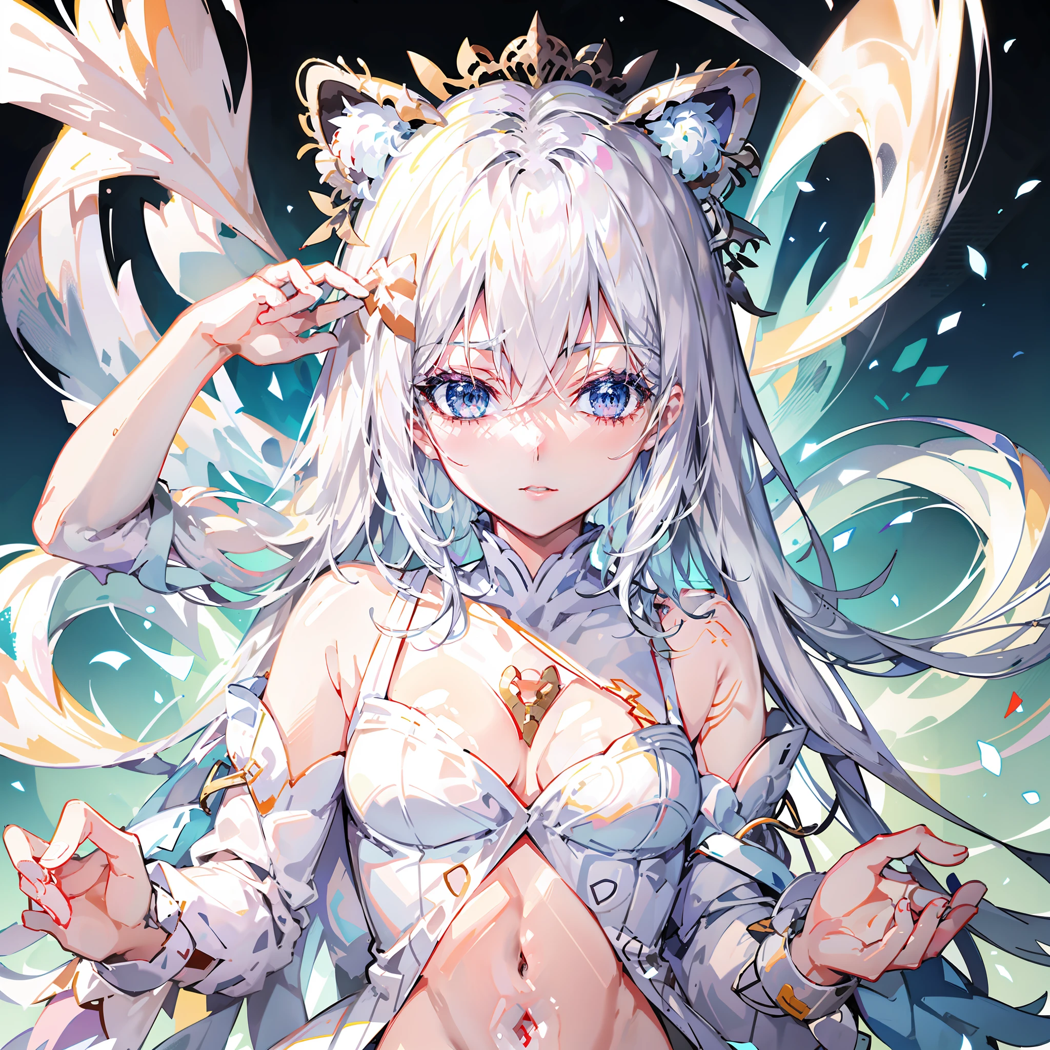 Anime girl with white hair and white dress,There is a flower on the hair, White Tiger Maiden, white-haired god, White-haired little white tiger, high detailed official artwork, trending on artstation pixiv, Very beautiful anime white tiger girl, Kushatt Krenz Key Art Women, Anime girl with white tiger ears, Beautiful anime White Tiger Girl, Detailed digital anime art