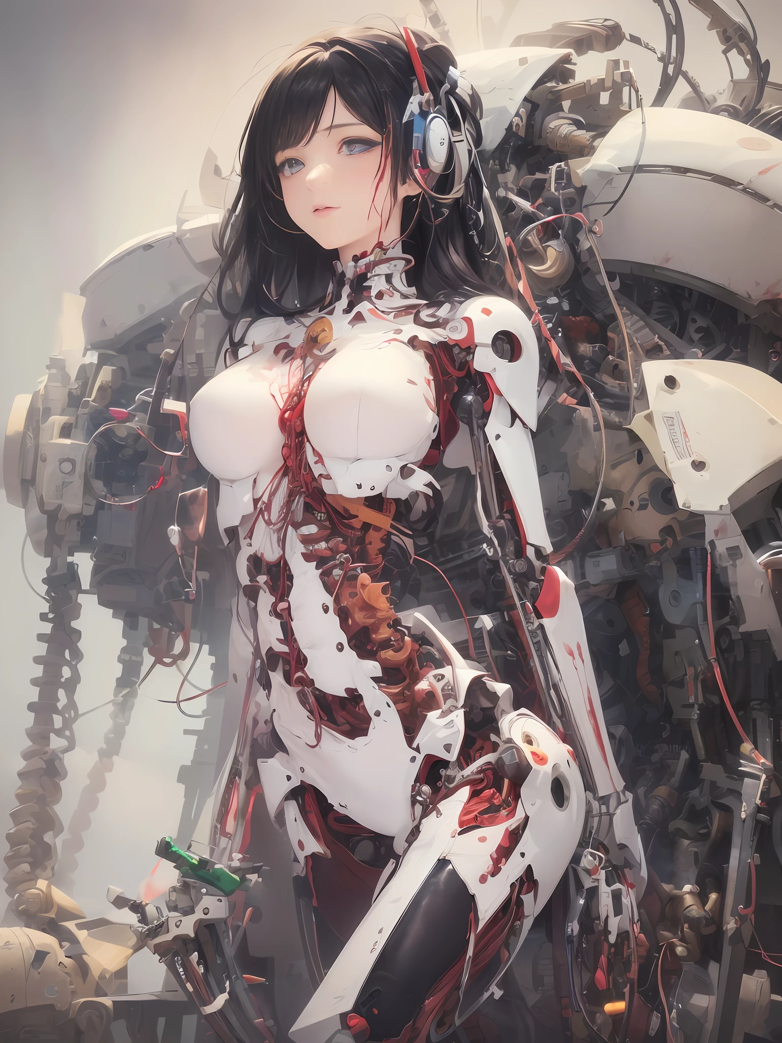 (Masterpiece, Top Quality, Best Quality, Official Art, Beautiful Indulgence: 1.2), (1 Girl: 1.3), Very Detailed, Colorful, Supreme Detail ((Ultra Detailed)), (Highly Detailed CG Illustration), ((From (Very Delicate and Beautiful)), (From Before), Cinematic Light, (1 Mechanical Girl)), Solo, Full Body, (Mechanical Joints: 1.2), ((Mechanical limbs)), (Blood vessels connected to tubes), ( Mechanical vertebrae attached to the back), ((Mechanical cervical vertebrae attached to the neck)), (sitting), expressionless, (wires and cables attached to the neck: 1.2), (Wires and cables attached to the neck: 1.2), (Character focus), science fiction, white background, (Blood: 1.5)