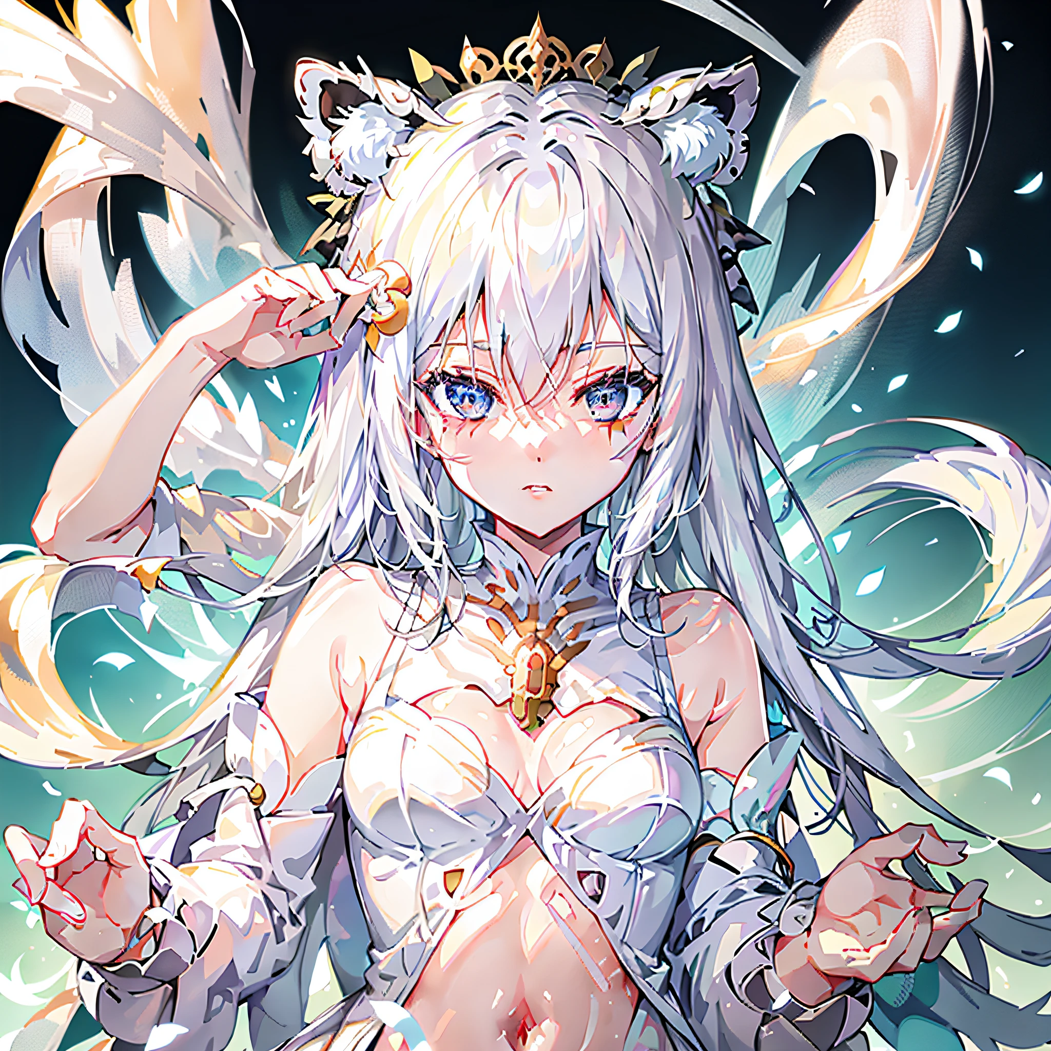 Anime girl with white hair and white dress,There is a flower on the hair, White Tiger Maiden, white-haired god, White-haired little white tiger, high detailed official artwork, trending on artstation pixiv, Very beautiful anime white tiger girl, Kushatt Krenz Key Art Women, Anime girl with white tiger ears, Beautiful anime White Tiger Girl, Detailed digital anime art