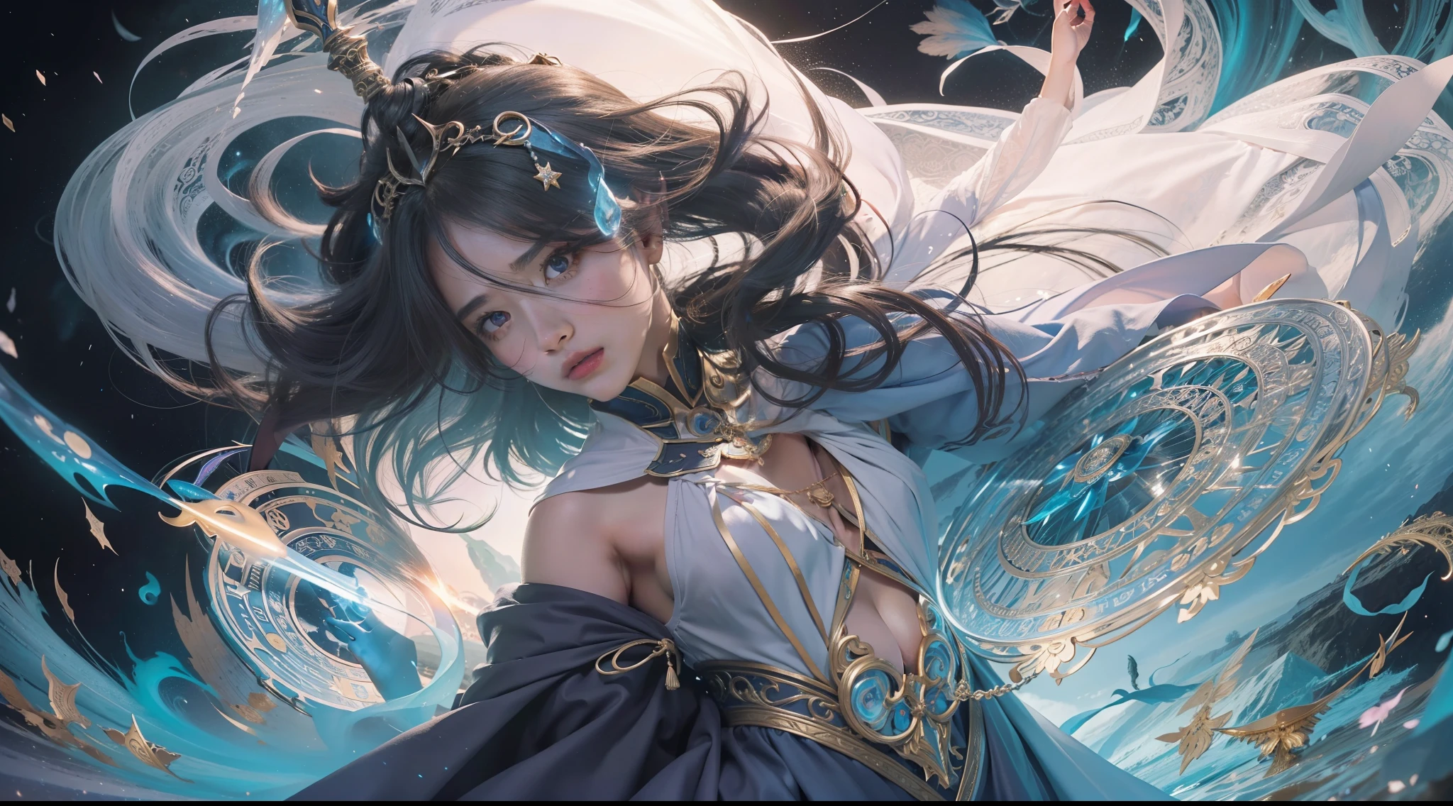 Above the rising clouds,Night, Dark, (Fantasy),infinite,deep blue sky,The abyss of knowledge,Cowledge,((masutepiece)), (((Best Quality))),((Beautiful fine eyes)),(Eye lashes)、Realistic clouds、Very beautiful face、The ultra -The high-definition、Beautiful girl and giants protecting her、(女の子1人、One Giant Man)、Black hair、The long-haired、abyss eyes、glowy skin、oils、small tits、Perfect human body structure、Wizard robes、tattered cloth、Realistic coat、Teenchi、Super delicate CG Unity 32k wallpaper、photoRealstic、​masterpiece, ((ultra-detailliert)), ((illustratio)),colourfull,wall-paper,The energy,Unknown terror,Incomprehensible,Around the magic,Magical surroundings,magic wands,Boken,Flying pages,Know everything,Predict the future、Get to know the past、Infinite wisdom、blue flames、Warlock、magic circles、Pentagram、Spells、mantra、Singing magic