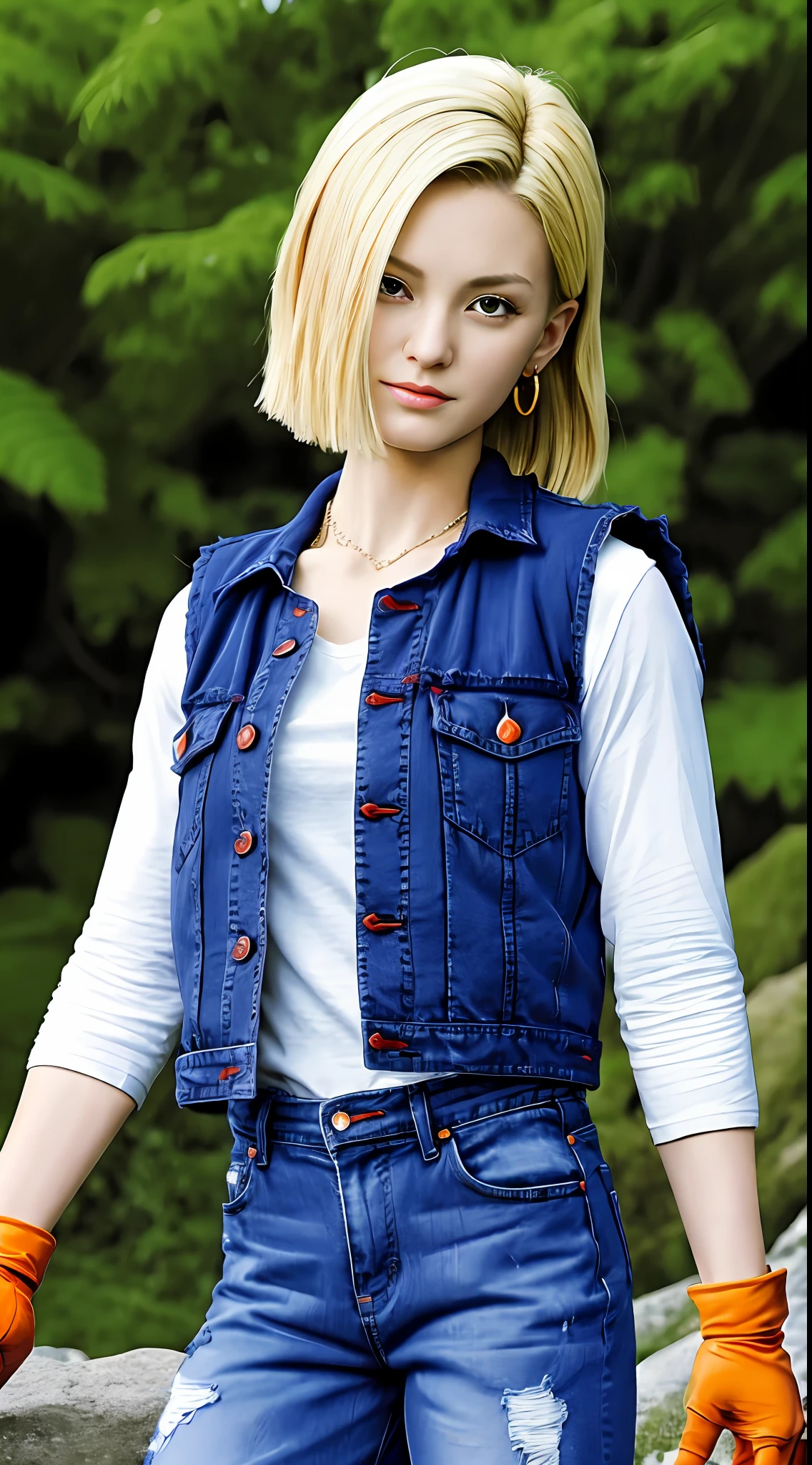 masutepiece, Best Quality, Portrait of cute android18DB, Realistic face, Solo, earrings, Jewelry, jeans, brave, eyeshadows closed, vests, Pants, plein air, gloves, Necklace, jeans, Rock, Standing, fighting position, Volumetric lighting, Best Quality, masutepiece, Intricate details, tonemapping, Sharp Focus, Hyper Detailed、dragon balls、Artificial human18number、A Japanese Lady、japanes,a blond,Well-groomed hair