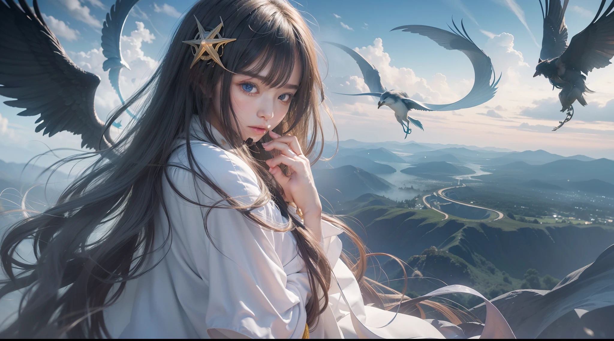 Above the rising clouds,Night, Dark, (Fantasy),infinite,deep blue sky,The abyss of knowledge,Cowledge,((masutepiece)), (((Best Quality))),((Beautiful fine eyes)),(Eye lashes)、Realistic clouds、Very beautiful face、The ultra -The high-definition、Beautiful girl and giants protecting her、(1人、One Giant Man)、Black hair、The long-haired、abyss eyes、glowy skin、oils、small tits、Perfect human body structure、Wizard robes、tattered cloth、Realistic coat、Tee、Super delicate CG Unity 32k wallpaper、photoRealstic、masterpiece, ((ultra-detailliert)), ((illustratio)),colourfull,wall-paper,The energy,Unknown terror,Incomprehensible,Around the magic,Magical surroundings,magic wands,Boken,Flying pages,Know everything,Predict the future、Get to know the past、Infinite wisdom、blue flames、Warlock、magic circles、Pentagram、Spells、mantra、Singing magic