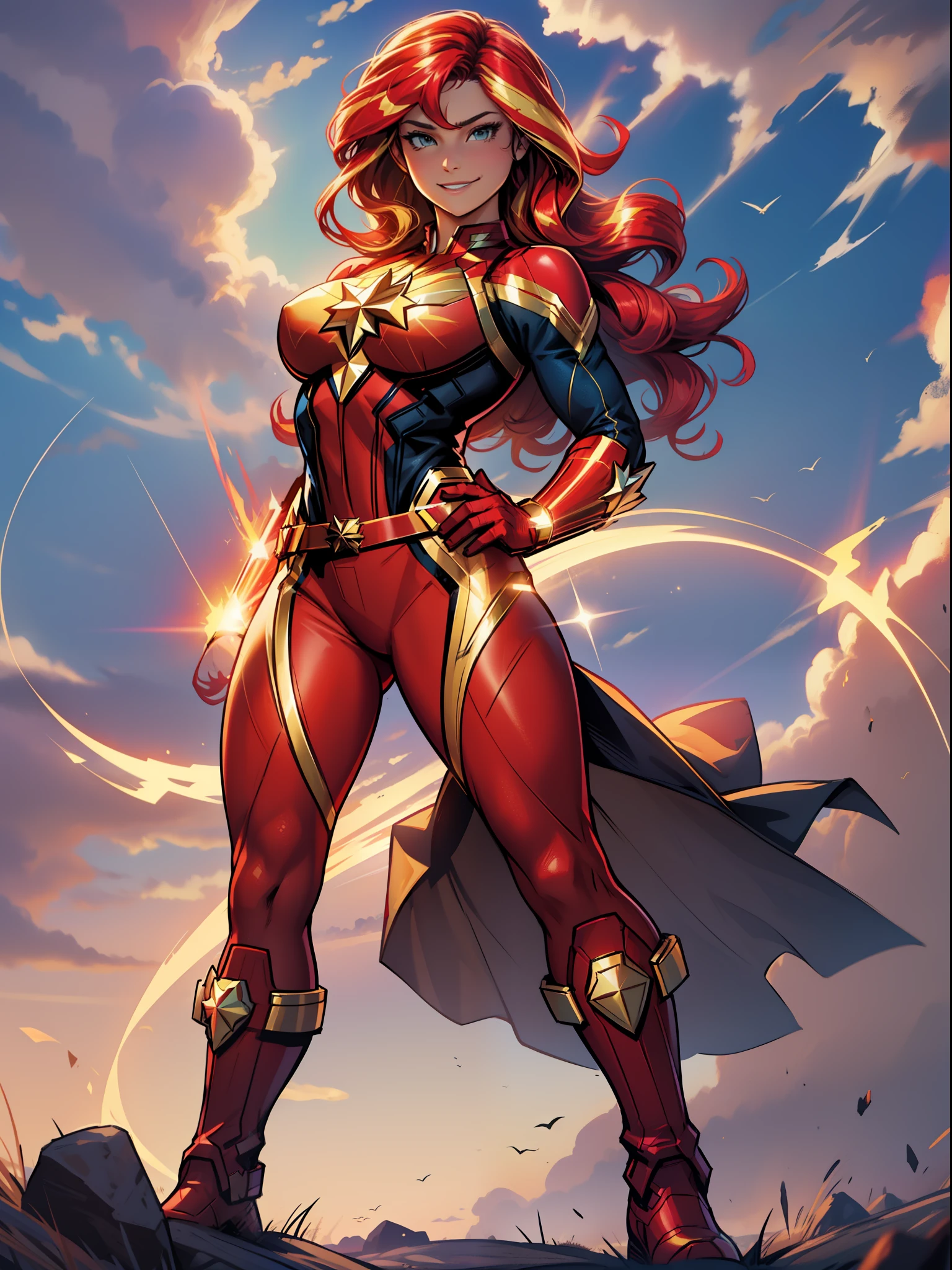 Sunset Shimmer, Huge-breasts, Lush breasts, Elastic breasts, hairlong, Luxurious hairstyle, In the costume of Captain Marvel, red yellow suit, Elegant boots, in the sky, superhero, brawn, in full height, Smiling, Magic, Flight beam, beste-Qualit, Very detailed, 8K quality, in full height