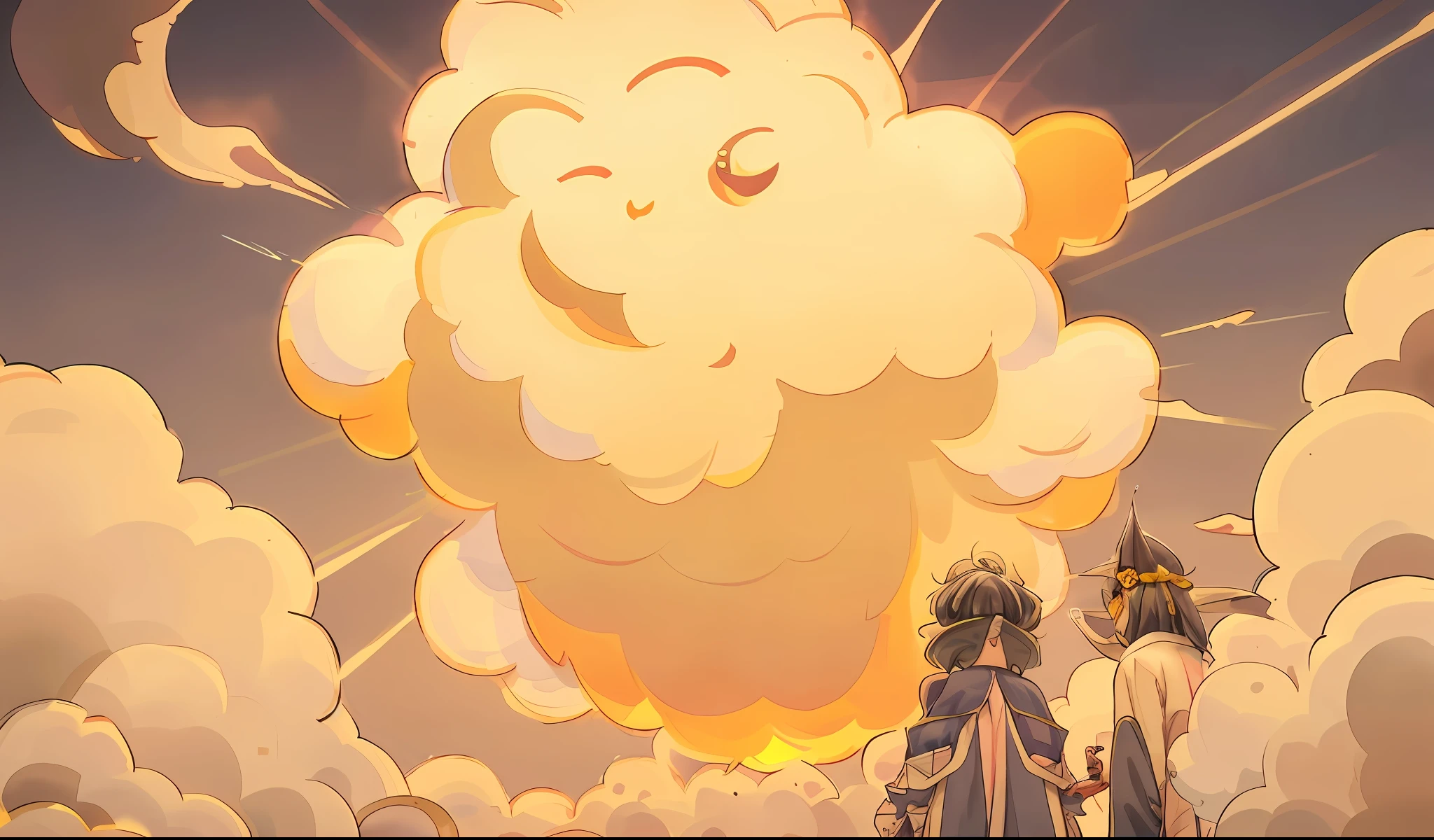 Anime - Stylistic image of a man standing in front of a huge cloud, Golden clouds, Anime Cloud, Glowing clouds, anime backgrounds, fancy clouds, Anime background art, fluffy pink anime clouds, dreamy psychedelic anime, Dreamy clouds, beautifull puffy clouds. Anime, Anime Sky, arte de fundo, colorful anime movie background, golden hour background, Yellow clouds, anime atmospheric