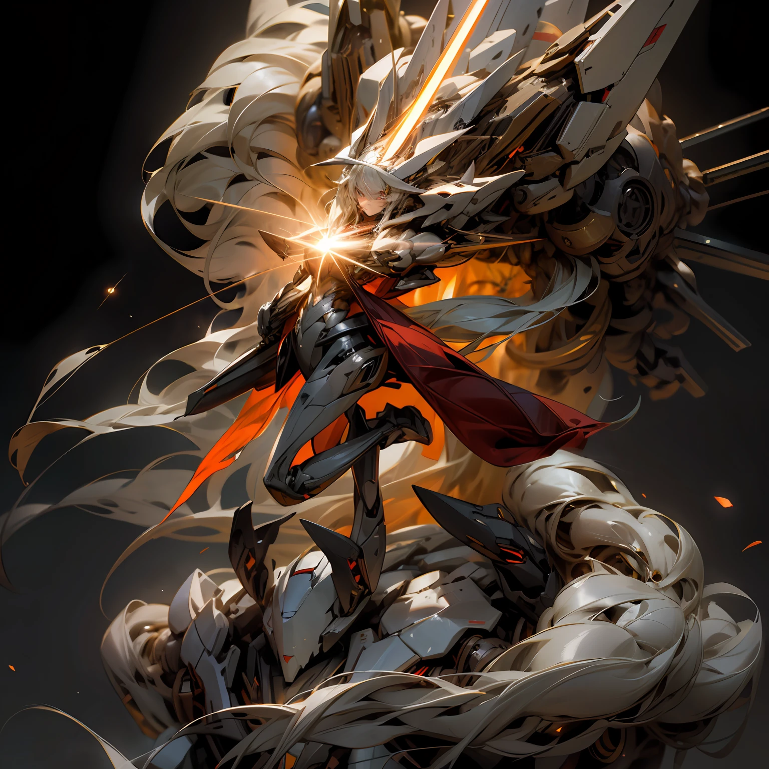 A beautiful game CG with the Doomsday theme as the main body, hyper-detailed, this is a light black and light white complex structure of the mecha, its hands hold a broad heavy armor sword, emitting a fiery red light: 1.2, the eyes emit dazzling red light: 0.8, 3D two-dimensional drawing, the scarf of breaking waves sways with the wind, anime drawing, chiaroscuro, light special effects, mecha detailed and exquisite, mecha face delicate and clear, light source on the eyes, background burning fire of the broken mechanical battlefield