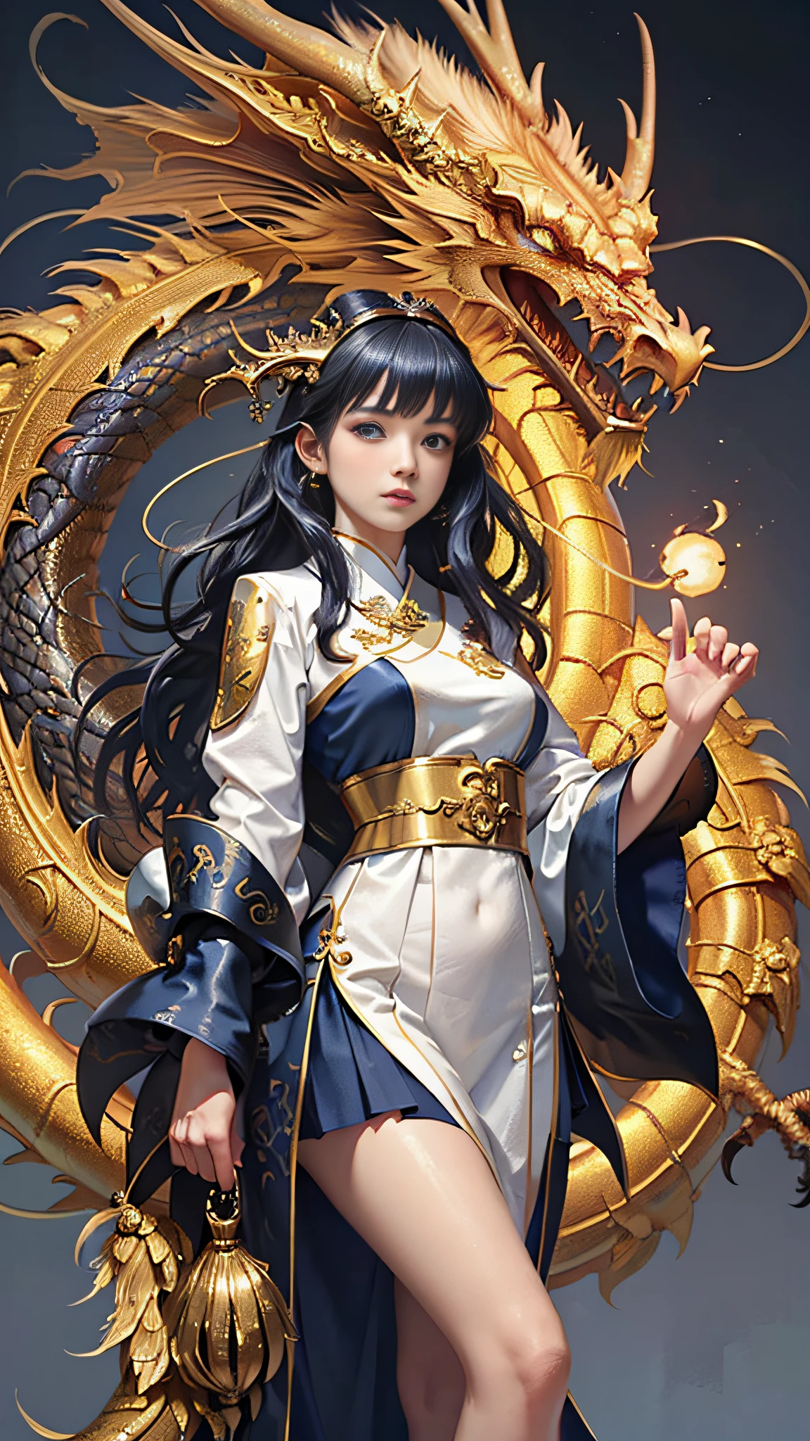 tmasterpiece,best qualtiy,realisticlying,photorealestic,The painting depicts a woman standing next to a dragon,The background is an incomparably vast starry sky,The whole painting uses cute and authentic portraits(styled kawaii realistic portrait),And has dark blue eyes。Long hair fluttering and cute(Cute:2)。The whole painting shows excellent realism and detail(photorreal details),Light and shadow tracking,Rich in detail,Close-up of a woman in Han costume with a dragon,Portrait of a dragon girl,Dragon-inspired cloth robe,asiagirl,Long flowing black hair,Dragon girl,Dragon in the background,Golden dragon,Hanging ornaments,Chinese fantasy