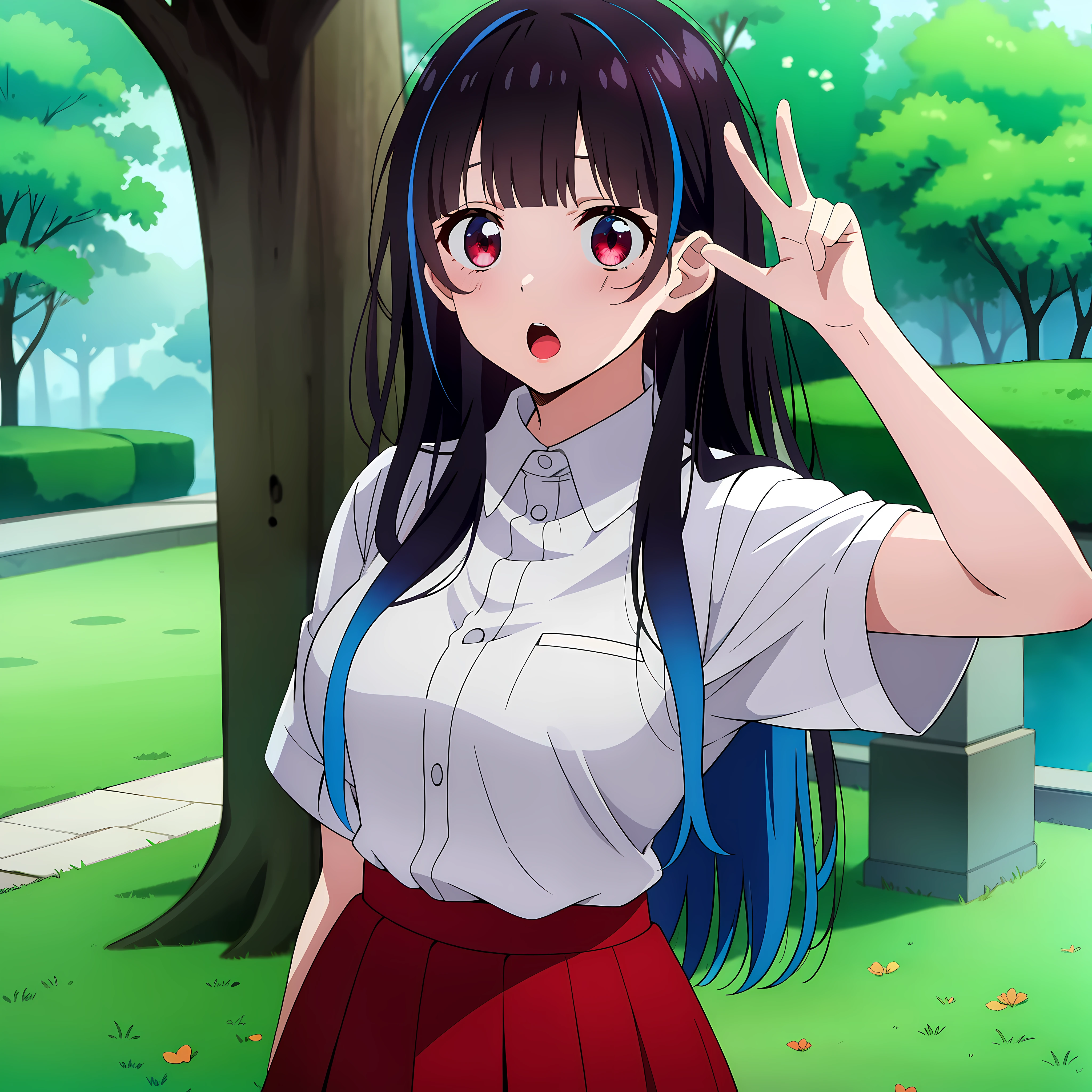 masterpiece, perfect lighting, (beautiful, best quality:1.3), perfect eyes, absurdres, 8k, 1girl, solo, (absurdres), finely detail, , open mouth, :o, mini_yaemori, long hair, (red eyes:1.2), [black hair: blue eyes, :0.4], multicolored hair, blue hair, bangs, skirt, shirt, holding, standing, white shirt, short sleeves, pleated skirt, collared shirt, red skirt, outdoors, day, peace sign