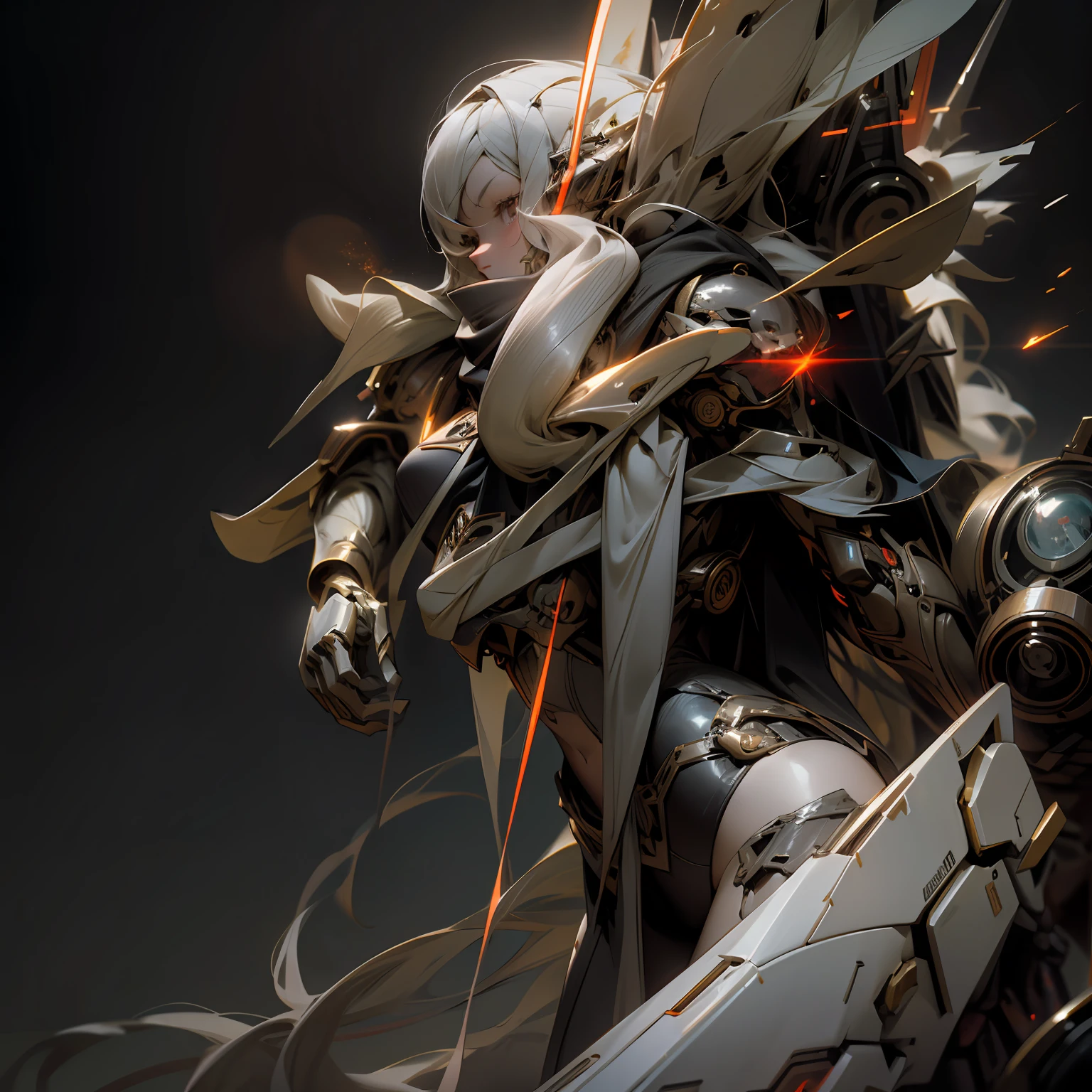 A beautiful game CG with the Doomsday theme as the main body, hyper-detailed, this is a light black and light white complex structure of the mecha, its hands hold a broad heavy armor sword, emitting a fiery red light: 1.2, the eyes emit dazzling red light: 0.8, 3D two-dimensional drawing, the scarf of breaking waves sways with the wind, anime drawing, chiaroscuro, light special effects, mecha detailed and exquisite, mecha face delicate and clear, light source on the eyes, background burning fire of the broken mechanical battlefield