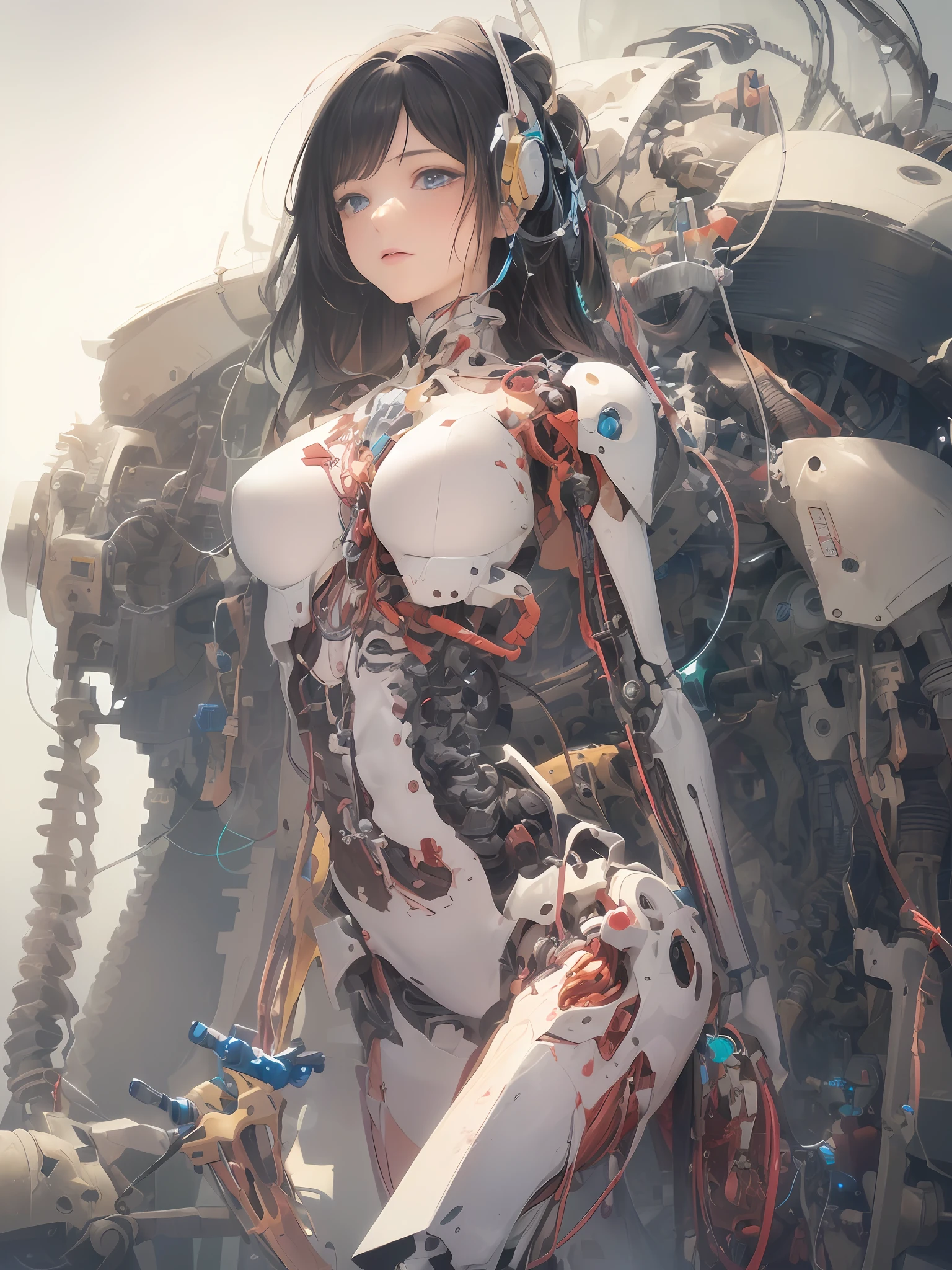 (Masterpiece, Top Quality, Best Quality, Official Art, Beautiful Indulgence: 1.2), (1 Girl: 1.3), Very Detailed, Colorful, Supreme Detail ((Ultra Detailed)), (Highly Detailed CG Illustration), ((From (Very Delicate and Beautiful)), (From Before), Cinematic Light, (1 Mechanical Girl)), Solo, Full Body, (Mechanical Joints: 1.2), ((Mechanical limbs)), (Blood vessels connected to tubes), ( Mechanical vertebrae attached to the back), ((Mechanical cervical vertebrae attached to the neck)), (sitting), expressionless, (wires and cables attached to the neck: 1.2), (Wires and cables attached to the neck: 1.2), (Character focus), science fiction, white background, (Blood: 1.5)