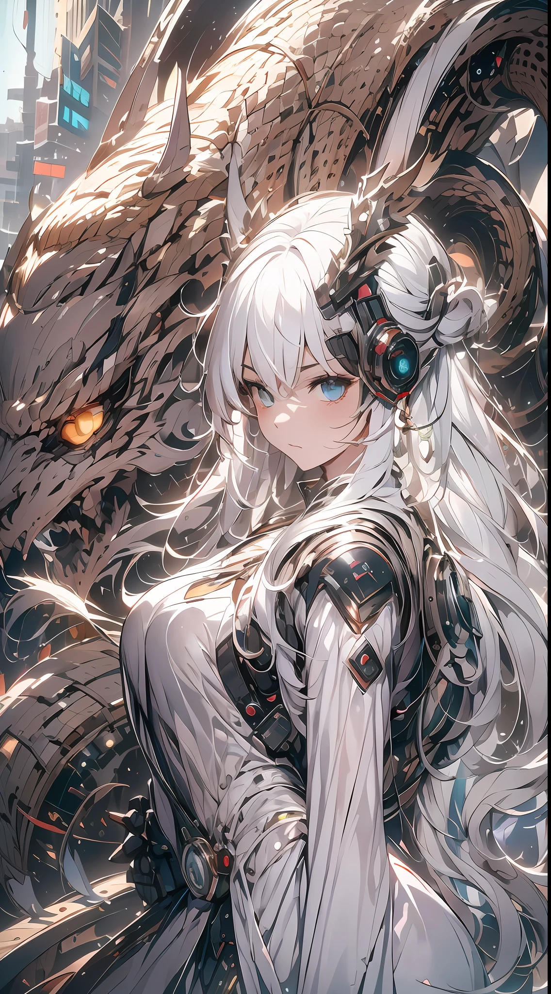 （（A futuristic））， （（mito））， （（fanciful）），Machinary，1girll， modern city setting， Girl with white hair with avant-garde costume， Surrounded by mechanical Asian dragons， （neonlight：1.2）， （cybernetically enhanced：1.1）， （Ethereal dragon scales：1.1）， （action-packed scene：1.2）， （cinematic compositions：1.1）， Mixed-media artwork， 8K分辨率