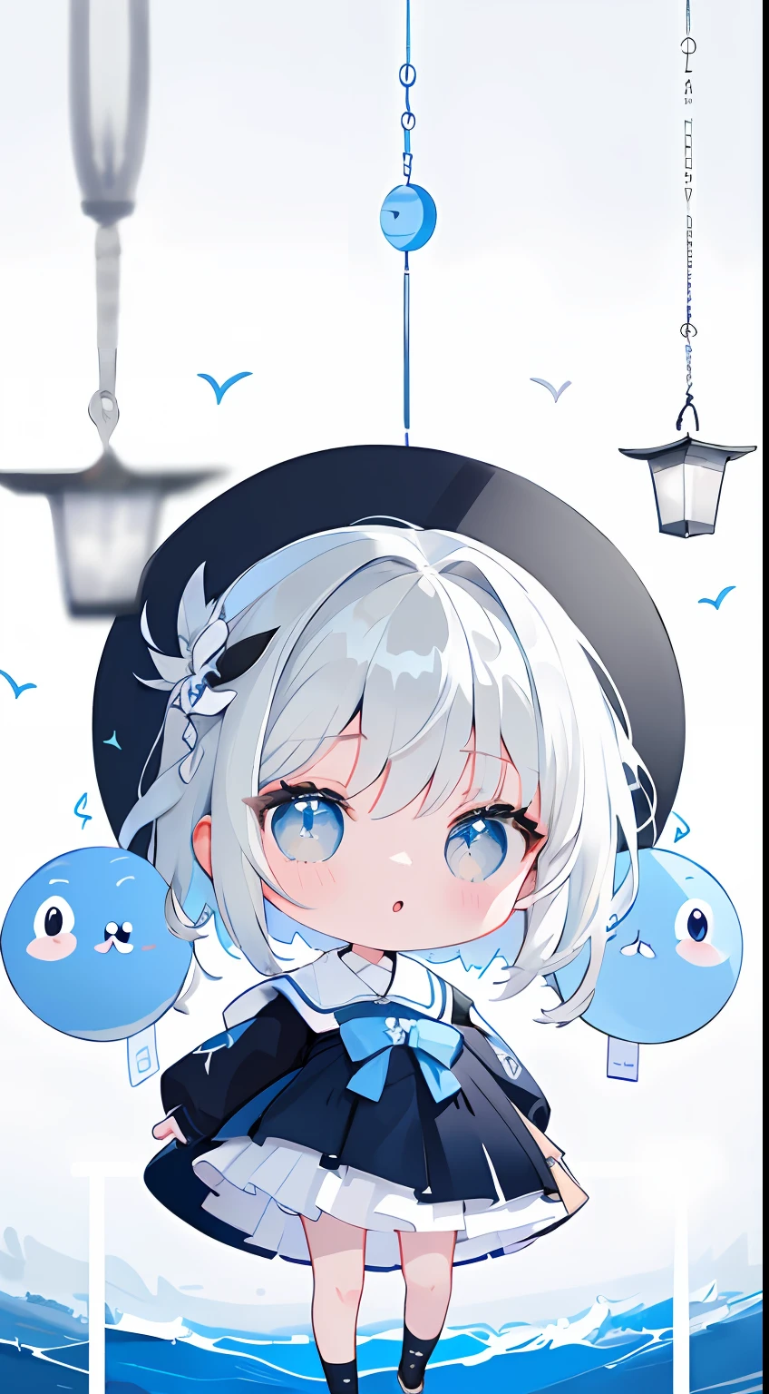 twinsies、monochrome color,closing eye、 Blue Art, grayscales、masterpiece、top-quality、Top image quality、Hanging eyes、kawaii、校服、the wind、Chibi