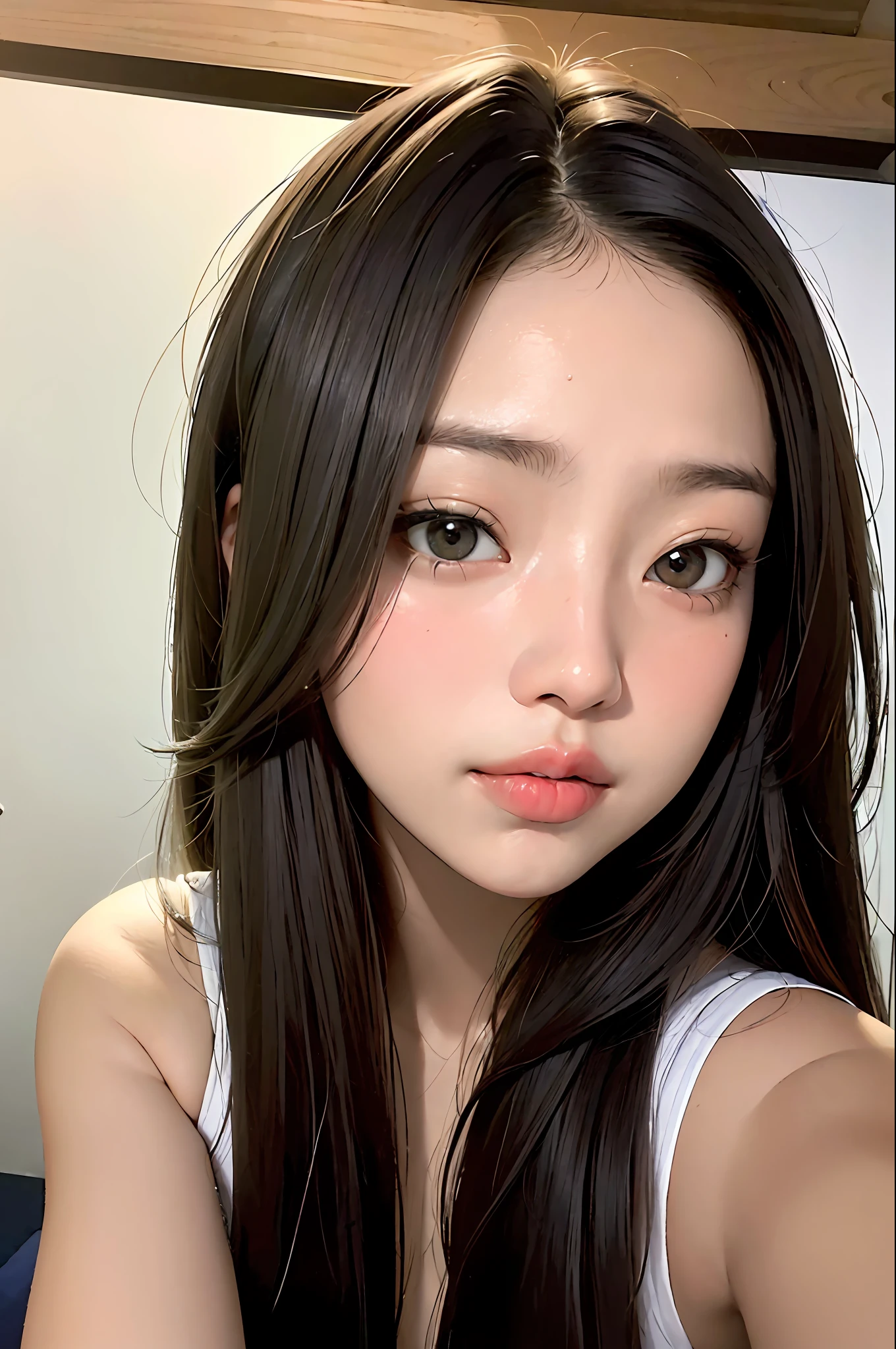 obra-prima, melhor qualidade, (foto escura: 1.3), fotorrealista, 1girl, Faixa plana, rosto de simetria inocente deslumbrante, Camisa, emocional, Ulzzang, (Pureerosface_v1:0.7) sbikini, Nami Cosplay