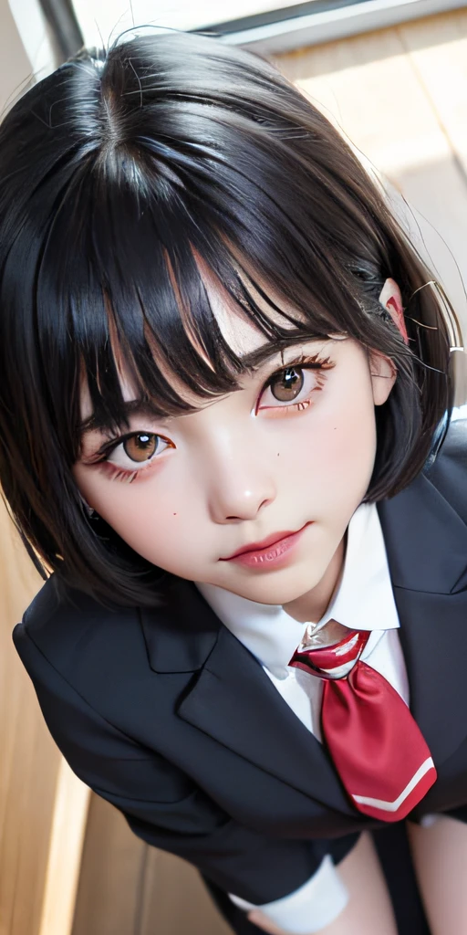 ((8k, RAW photos, top quality, masterpieces), high-definition RAW color photos professional close-up photos, (realistic, photorealism: 1.37), (highest quality), (best shadows), (best illustrations), collarbones ((big)), ((erotic, sexy, ultra high resolution, high-definition CG unified 8K wallpapers, physically based rendering, movie lighting), (aegyo sal:1), 18 year old girl, (grey blazer, ribbon, socks, high school uniform: 1.2), high school classroom, beautiful detail eyes, light on the face, ((full body shot: 1.2)), especially strong light, (upper eyes, grinning smile:1.2),shiny skin, (((black hair, bob hair:1.2))), ( thick thighs), ulzzang-6500-v1.1:0.2, shy, (flash:1.2), NSFW , (puffy), ((seductive posture: 1.2, attractive: 1.2)), (idle), (sitting at a desk in classroom: 1.2)), ((good anatomy: 1.2)), ((bright and refreshing classroom, background blurred: 1.2)), perfect face, cute face, (high angle shot:1.2)