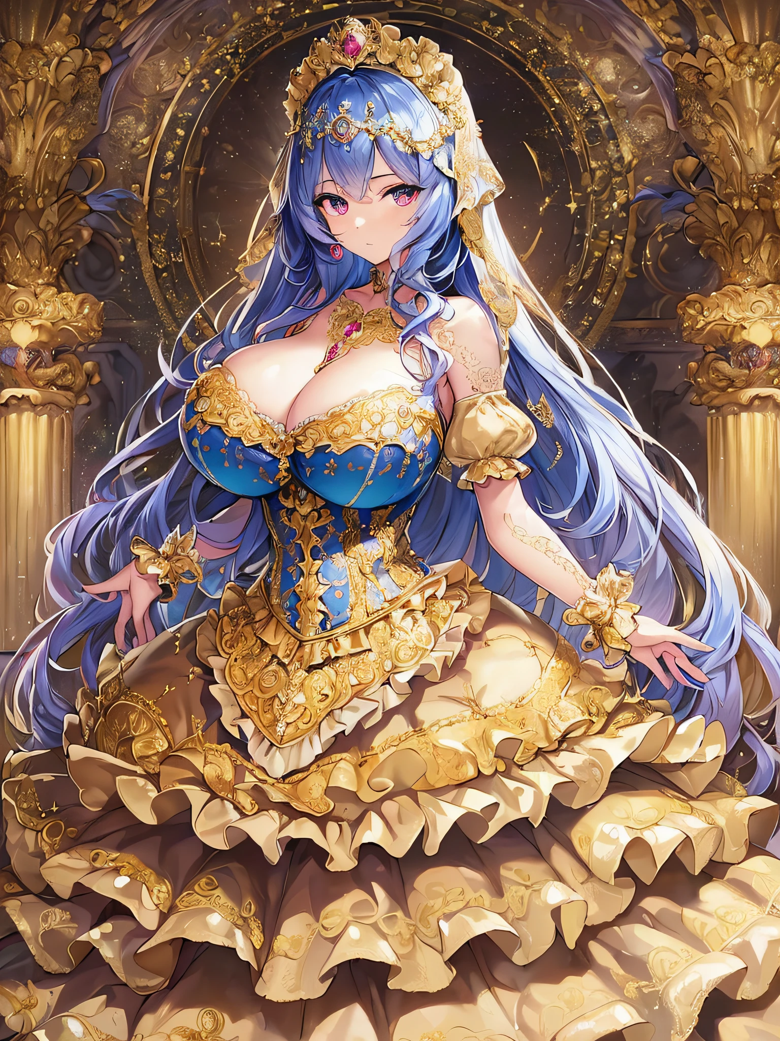 ((anime artstyle)),(Masterpiece),(Best Quality), (Super Detail),((Very Delicate and Beautiful)),((Solo)),((full body)),((1 princess in gorgeousfull rococo dress)),detailed face and eyes,jewel-like eyes,((voluminous Very Long Straight Hair)),((gigantic tits,Long tits)),curvy,skindentation,((gorgeousfull embroidery and lace)),gorgeous corsage,See-through,gorgeousfull hair ornament,gorgeousfull glitter jeweled tiara,ornate ruffles,((full body)),((hoop skirt,crinoline)),Dynamic Angle,Looking at viewer,(((gorgeous embroidery gorgeousfull rococo dress)),full body