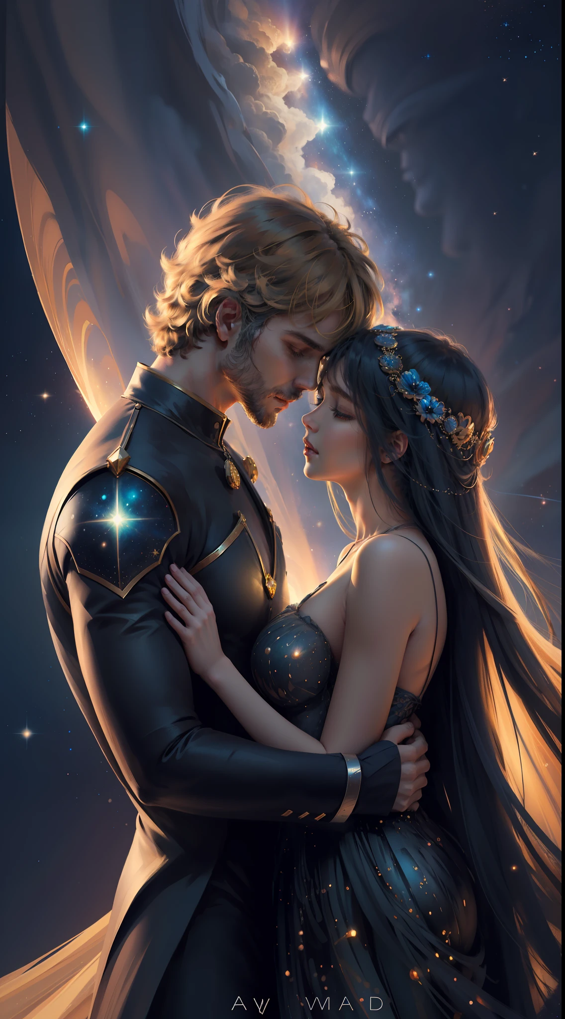 man and a woman hugging tightly, Stardust, cosmic waves , cosmos , love story , love , beautiful face , handsome man, mystical, ancient, heaven garden ,