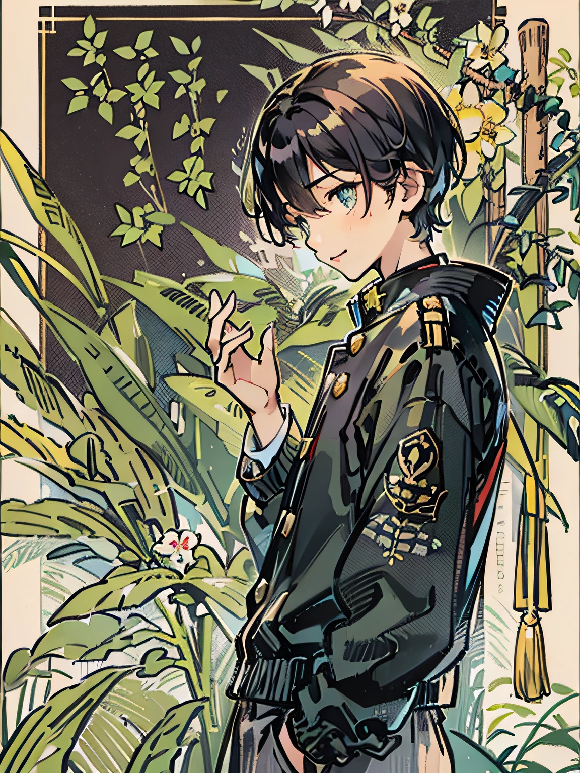 composition seen from below、Aori composition、Propose a very attractive design、Solo composition、1boys、profile、modern、Boy in pants、Modern Japan Male Student、Boy in school uniform、All black uniforms、14-year-old boy、Boy with short hair、Katsushika Hokusai-kaze、Natural color design、Bold and beautiful plant design、Bamboo motifs、Long stretched bamboo design、Bamboo forest background、Detailed diagram of the pattern、With the highest quality、Masterpiece、hight resolution、Artistic style、Postcard Design、Balanced design、Attractive composition、Emotional Art、Beautiful light production、Aerial perspective、japanese aesthetic、4K resolution、Gorgeous background art、Attributes of boys(a smile、Hanging eyes、student clothes、long trousers、slacks、gakuran、tight collar、Black School Uniform、Black stuffed collar jacket、Jacket with golden buttons、school uniform、military uniform、male people、Little Boy、Bullish personality、Dignified、Strong-willed eyes、Beautiful Boys、nobility、A dark-haired、straight haired、short-hair、Natural hairstyle、Honor Students、Good impression)