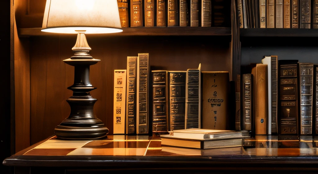 "In a dimly lit room, the chessboard takes center stage on a wooden table, exuding a vintage charm. Antique books and a vintage chess clock add to the ambiance, evoking a sense of nostalgia and intellectual pursuit."