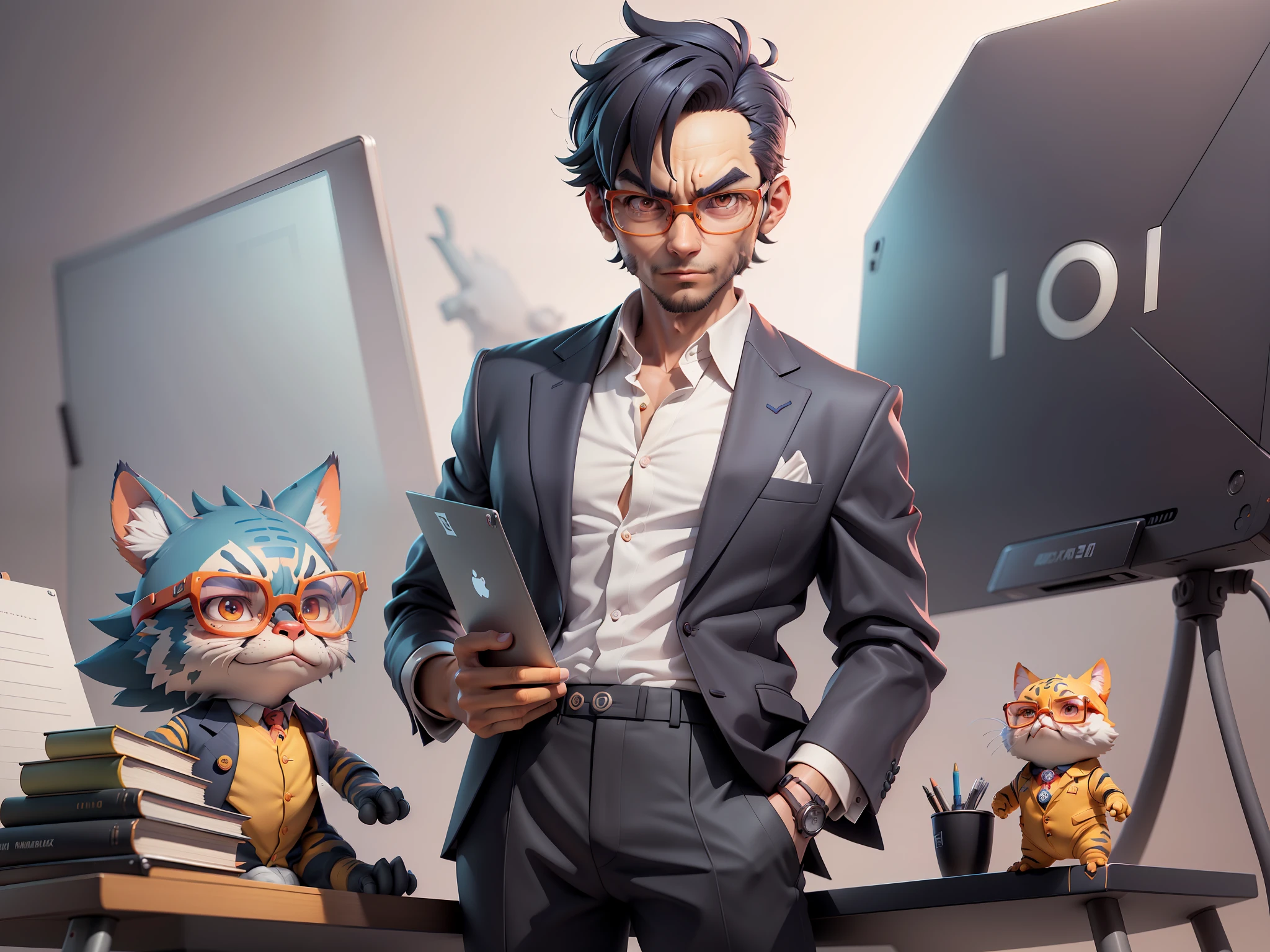 A young man in a suit and pants, Short hair and glasses sat at his desk,holding laptop,digitial painting,tigre,3D character design by Mark Clairen and Pixar and Hayao Miyazaki and Akira Toriyama,4K HD illustration,Very detailed facial features and cartoon-style visuals。
