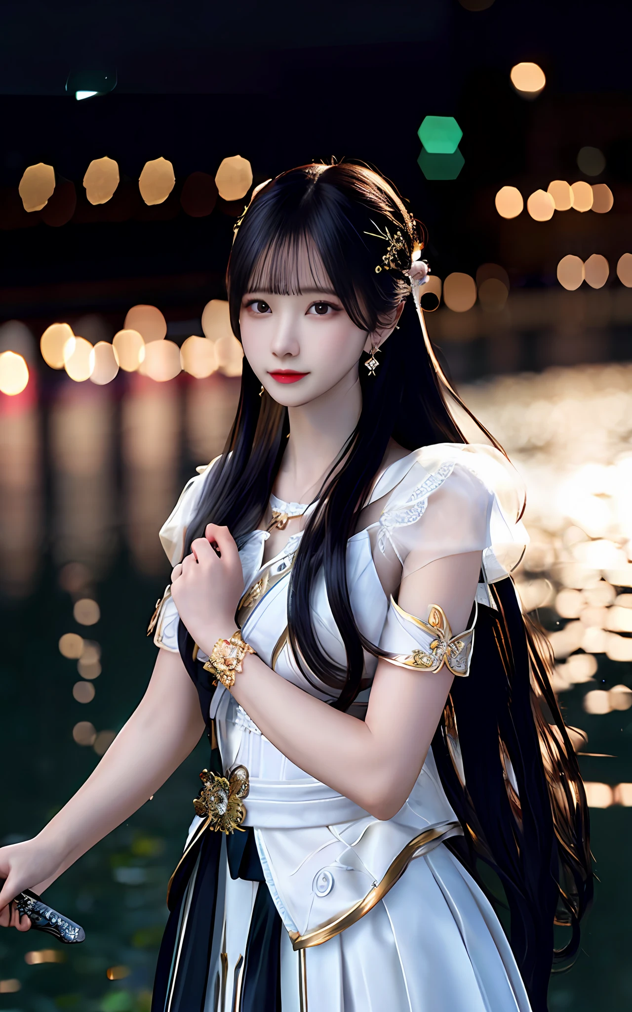 (realisticity: 1.2), best quality,masterpiece,highres,cg,
1girl,weapon,sword,long hair,dress,water,solo,jewelry,white dress,earrings,hair ornament,splashing,upper body,hair bun,black hair,
lighting,candid,Photograph,high resolution,4k,8k,Bokeh,