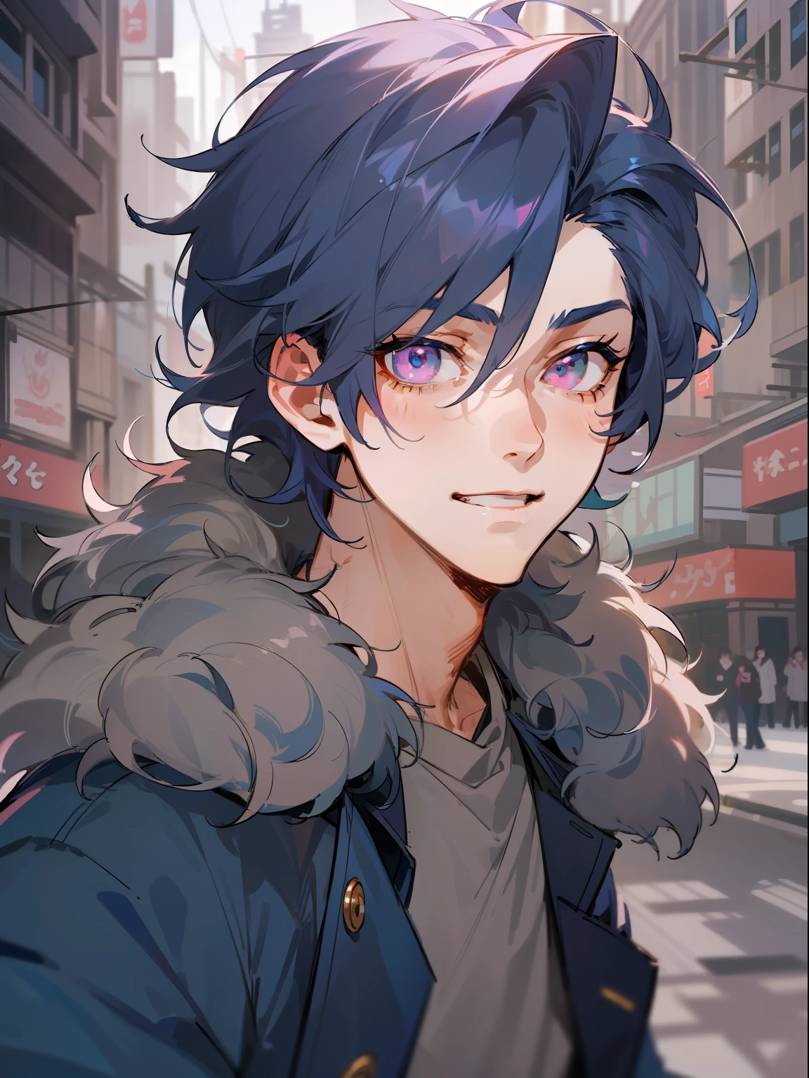 Ultra Detail,Haig Quality,sketch,1boy,matured male,Beautiful face,(Navy blue hair,Outer hair:1.3),Handsome men,Pearl skin,black tshirt,Moss Green Mod Coat,Dynamic Angle,Japan Anime,Pink eyes,Laugh,Like a cat's eye,city,male in his 20s,face in profile