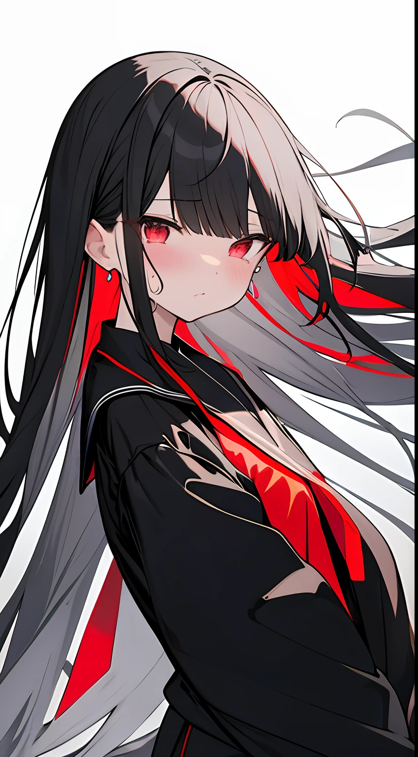 monochrome color, Red Art, grayscales、masterpiece、top-quality、Top image quality、straight haired、Hanging eyes、kawaii、crying how bright、校服、the wind、