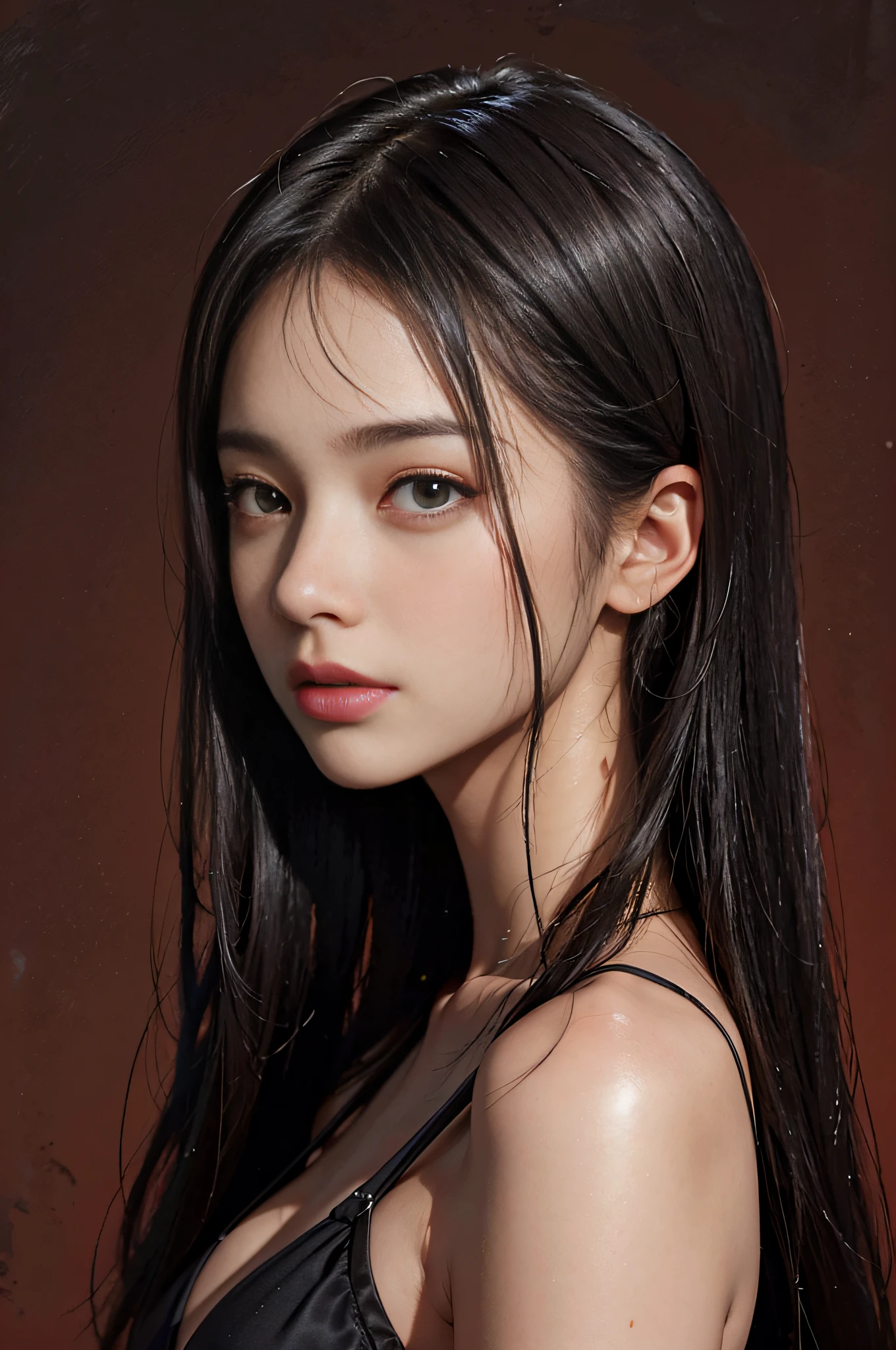 a 20 yo woman,long hair,dark theme, soothing tones, muted colors, high contrast, (natural skin texture, hyperrealism, soft light, sharp),red background,simple background,