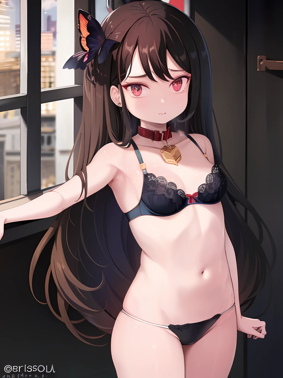 masterpiece, best quality, 1girl, soli, long hair,bra, brown hair,shy expression, detail body, armpits, seductive pose