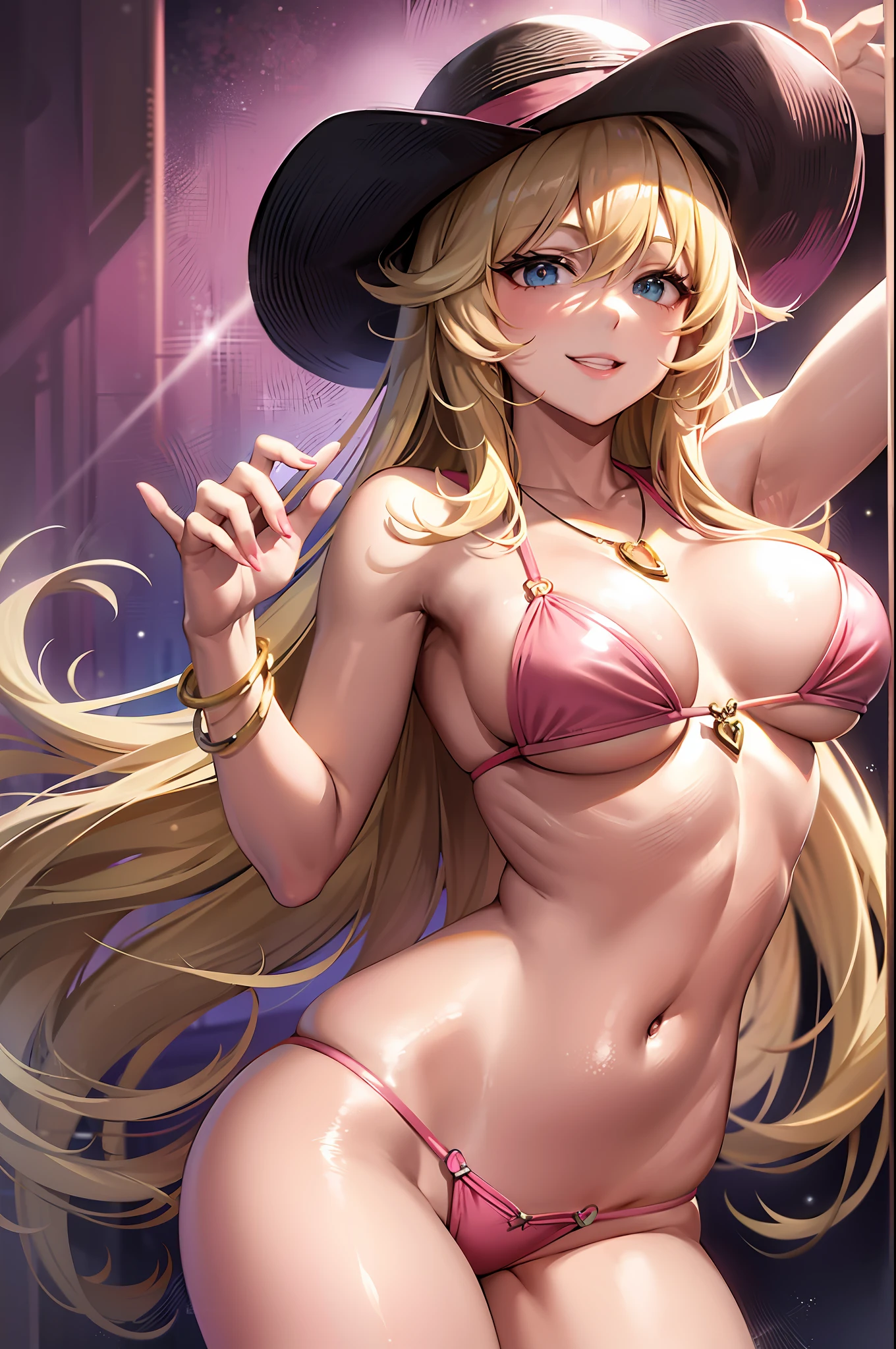 Blonde long hair, f-cup, pink bikini, necklace, (erotic pose:1.4), smiling, cowboy shot
