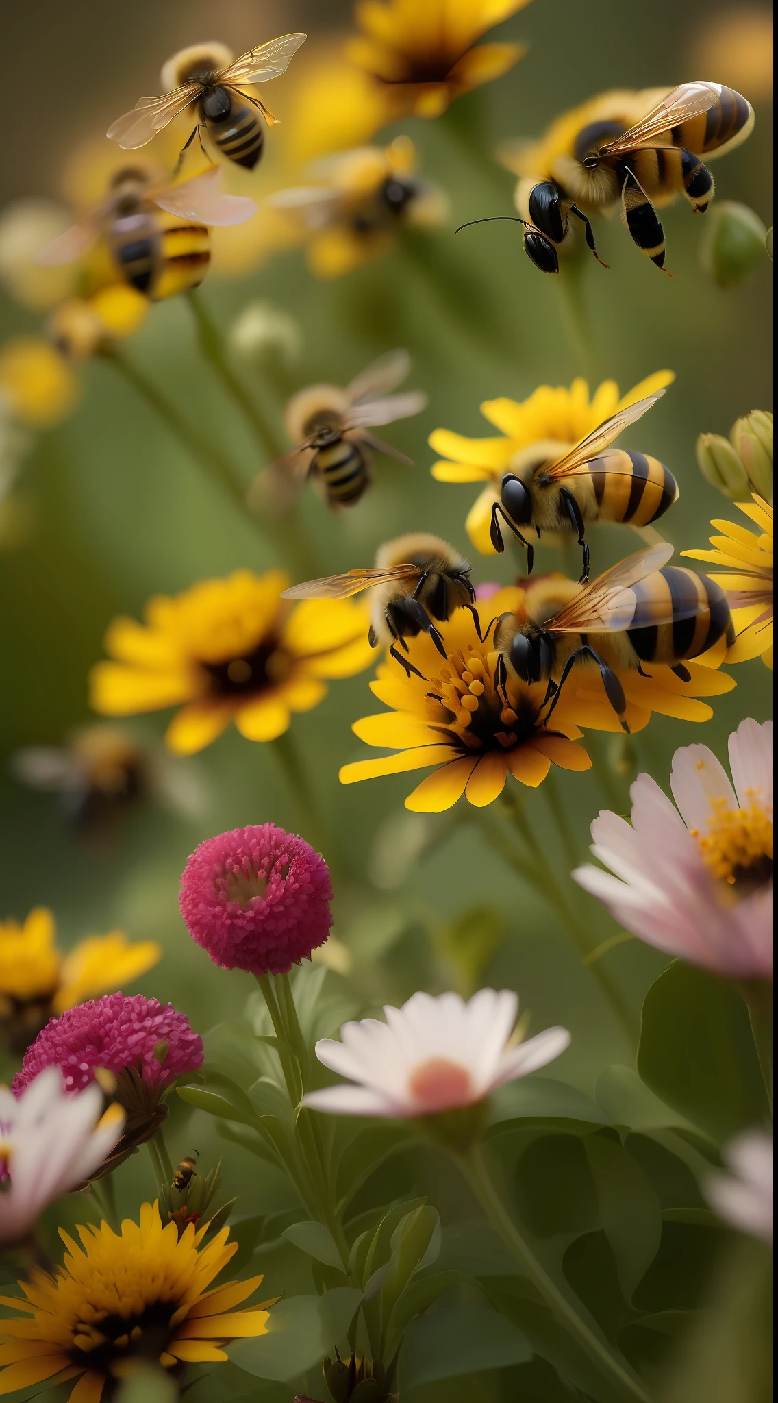 Image of bees and flowers in a natural landscape. The main subject is a swarm of bees buzzing around colorful flowers. The background showcases a beautiful natural landscape. The lens used is a telephoto lens (200mm) to capture the details of the bees and flowers from a distance. Natural lighting has been chosen to enhance the colors and beauty of the surroundings. (((hyper realistic face)))(((extreme realistic skin detail))) (face with detailed shadows) (masterpiece, highest quality), (realistic, photo_realistic:1.9), ((Photoshoot)) sharp focus, 8k, UHD, high quality, frowning, intricate detailed, highly detailed, hyper-realistic.