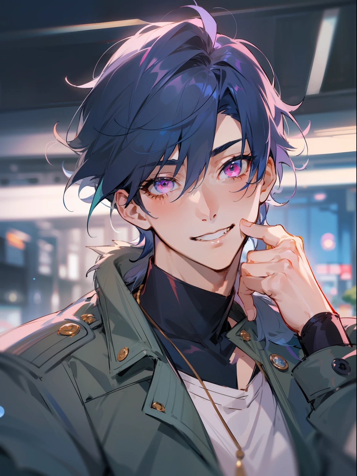 Ultra Detail,Haig Quality,sketch,1boy,matured male,Beautiful face,(Navy blue hair,Outer hair:1.3),Handsome men,Pearl skin,black tshirt,Moss Green Mod Coat,Dynamic Angle,Japan Anime,Pink eyes,Laugh,Like a cat's eye,city,male in his 20s,face in profile