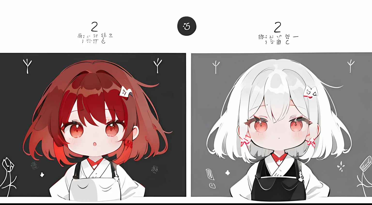 twinsies、monochrome color,closing eye、 Red Art, grayscales、masterpiece、top-quality、Top image quality、Hanging eyes、kawaii、校服、the wind、Chibi