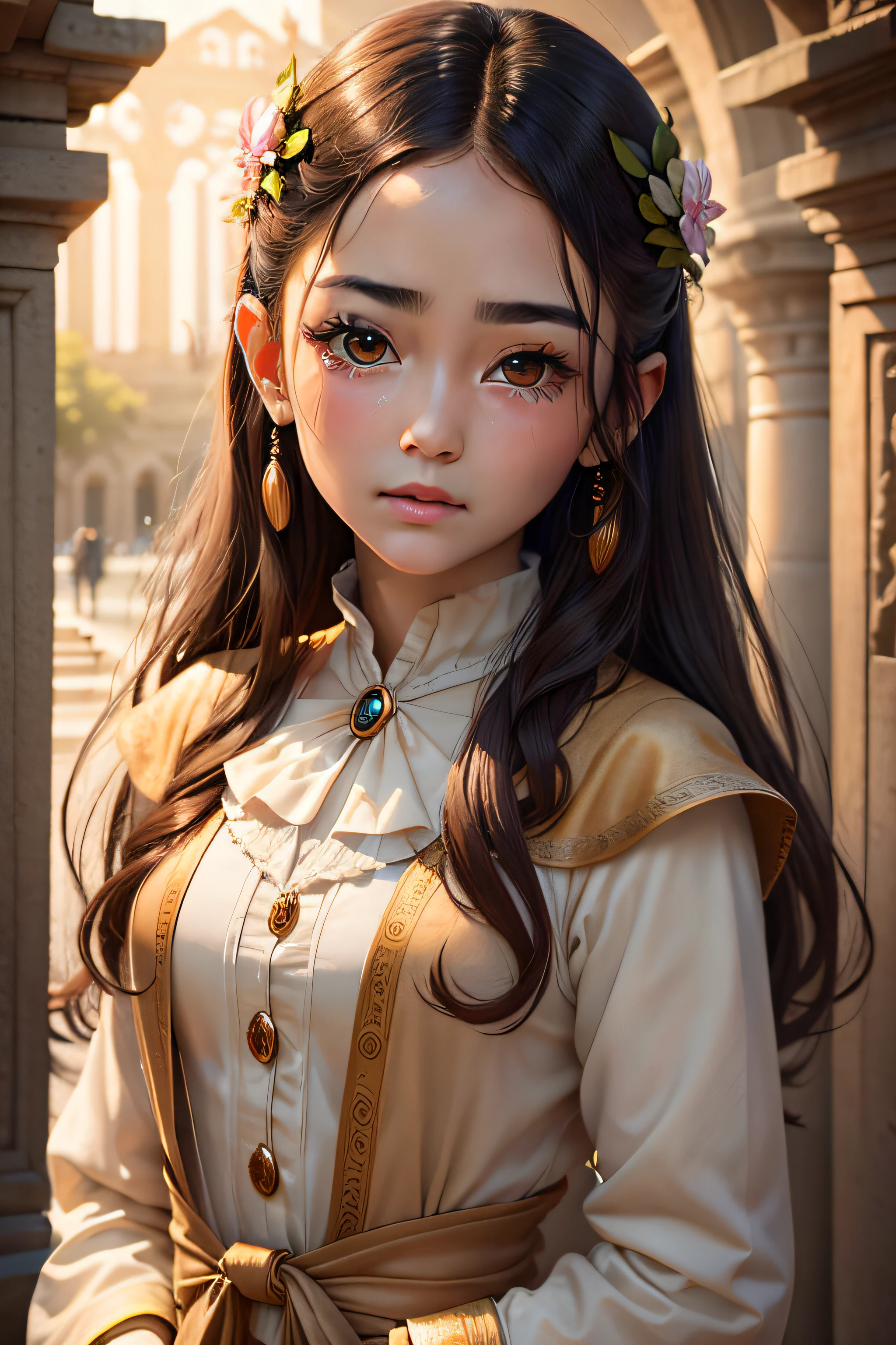 Willow eyebrows,Apricot eyes,soulful eyes,There were tears in my eyes,The body is weak,Cherry small mouth,Beautiful as a fairy,photorealestic,Bust photo,clothed in ancient suit,