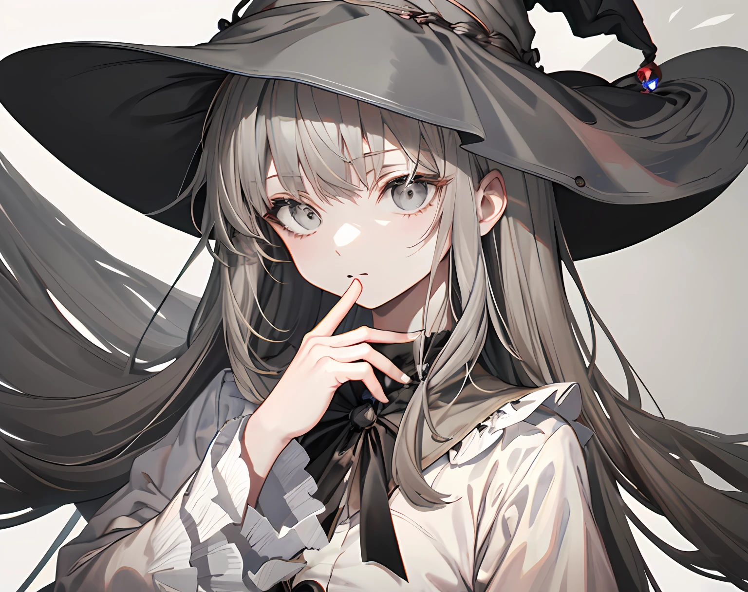 【Highest Quality, masutepiece】 [girl, Manteau, expressioness, Gray eyes, front facing, long hair, Witch, Upper body] (Gray white background:1.7), her hand is gripping the edges of the hat